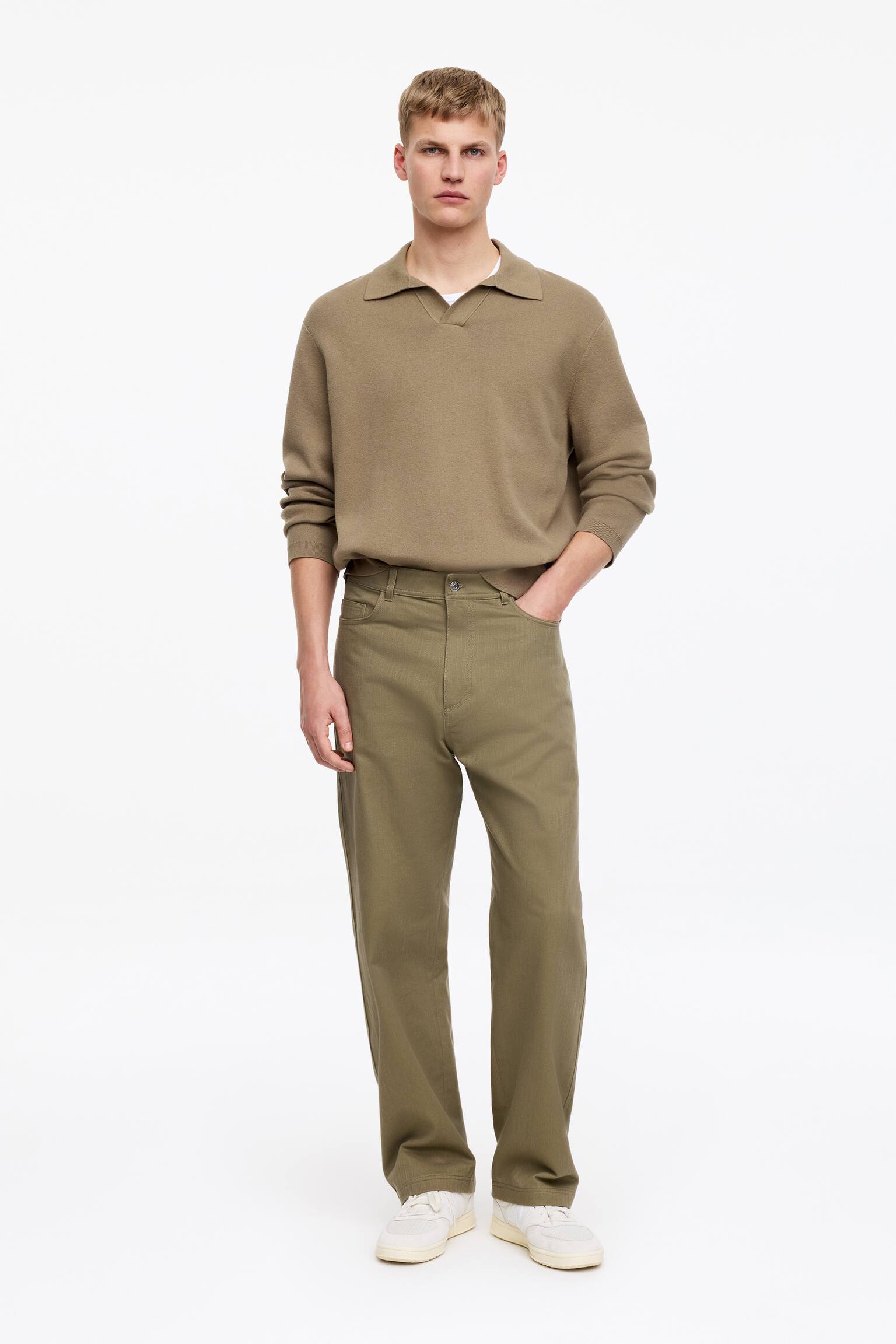 Pantalones de sarga de algodón de corte relajado - Verde caqui/Azul oscuro - 1