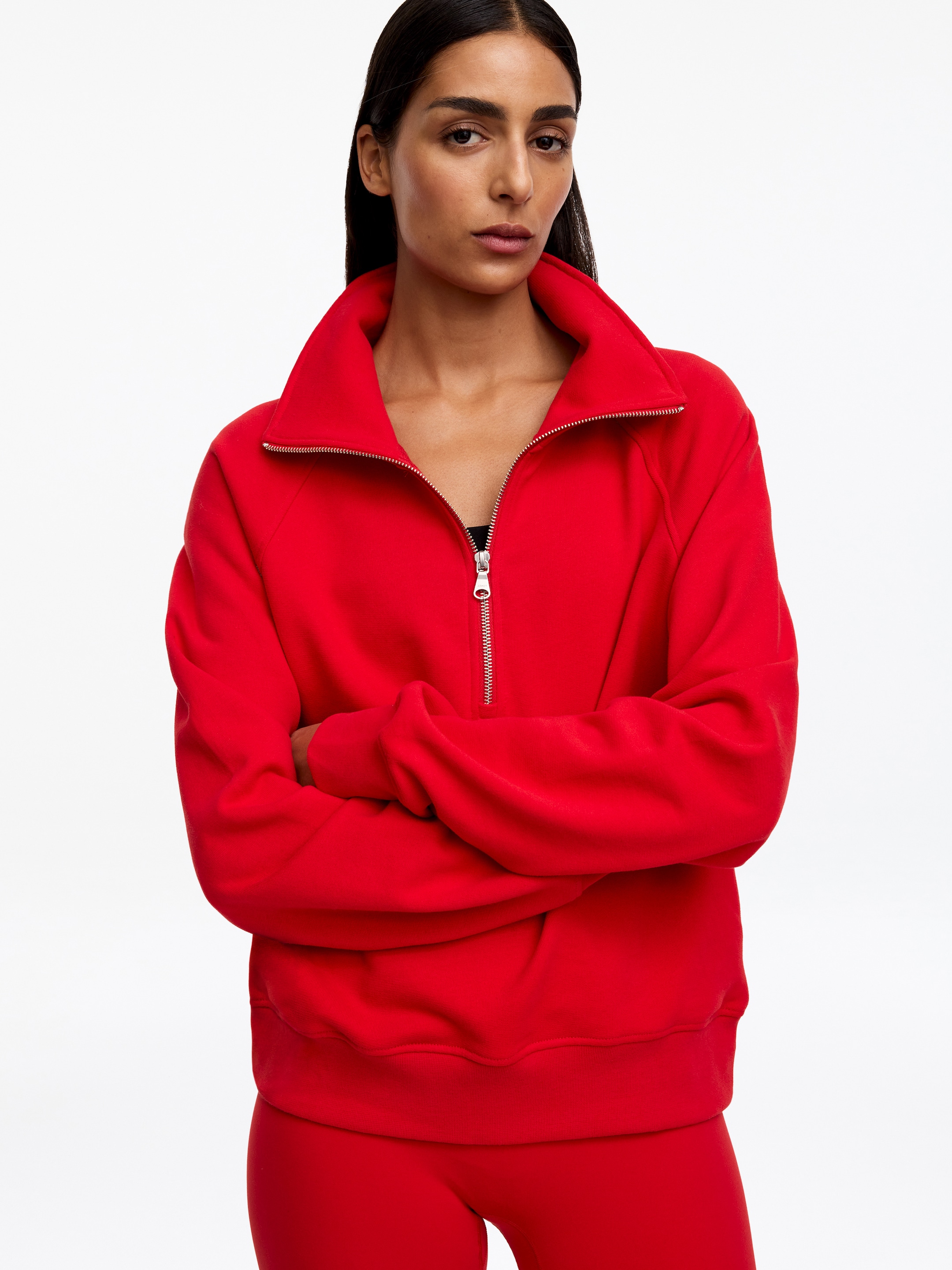Half-Zip Terry Sweatshirt - Red - Relaxed fit - women - StillMedia/Lookbook - 3