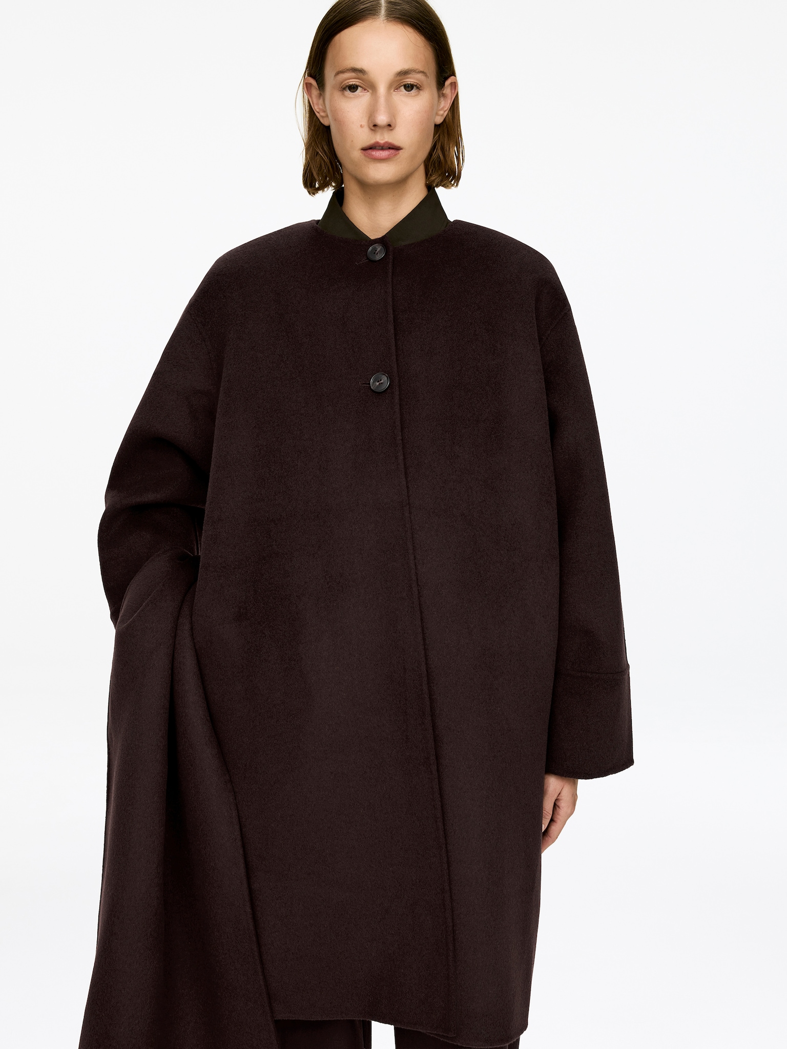 Manteau cape en laine doublée - Marron foncé - 4