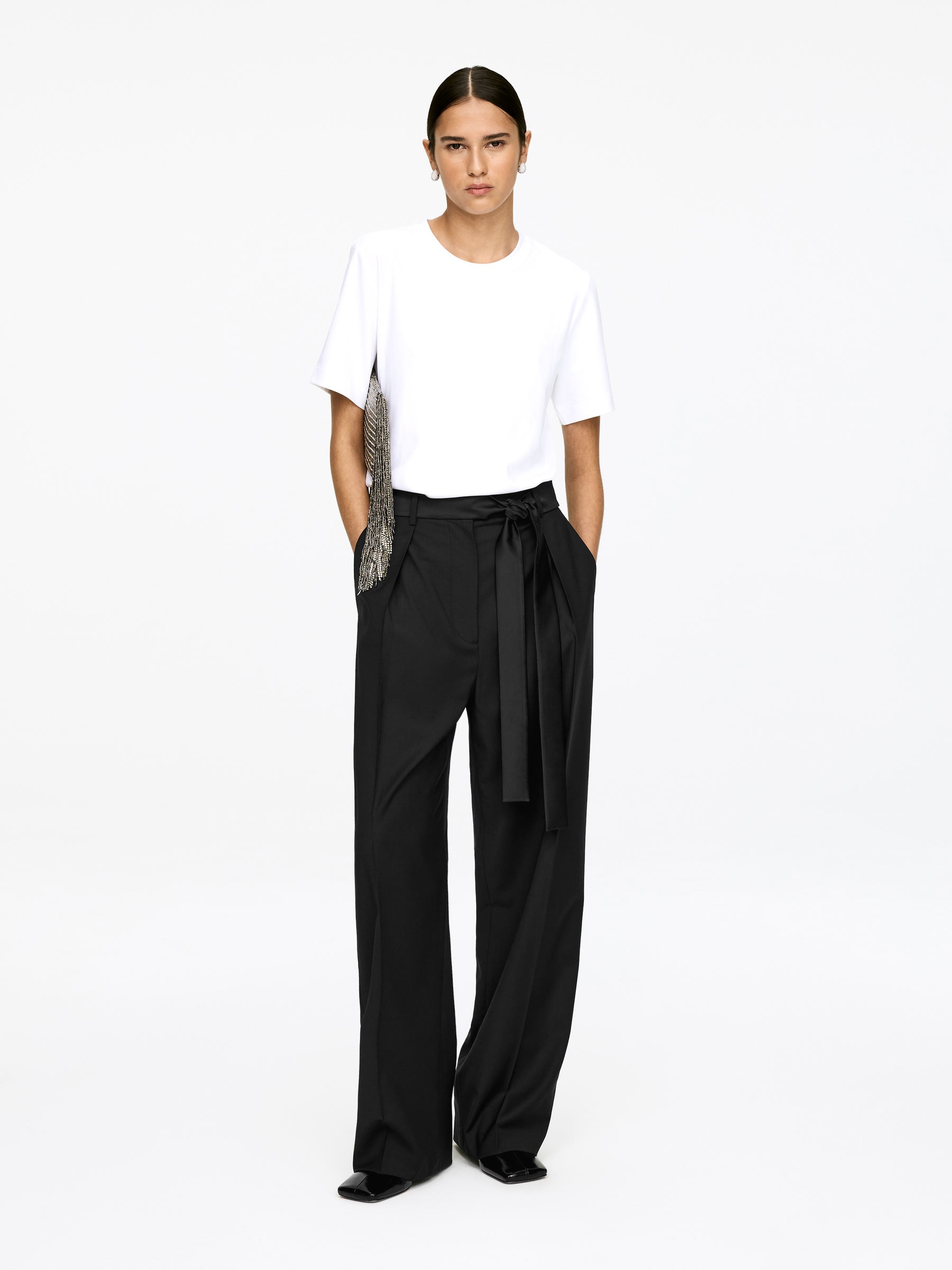 Pleated Satin-Belt Trousers-#272627-17605
