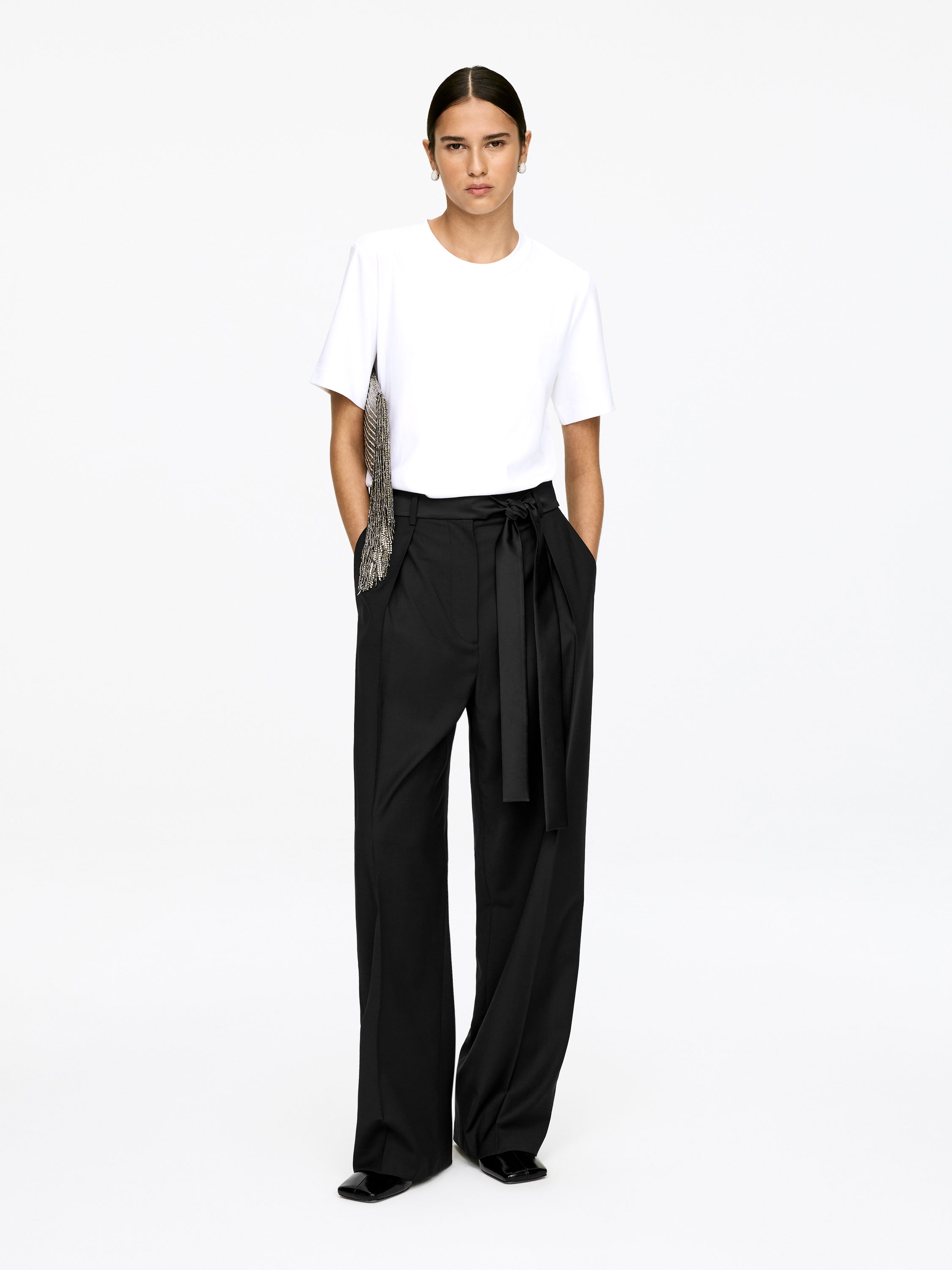 Pleated Satin-Belt Trousers-#272627-17605