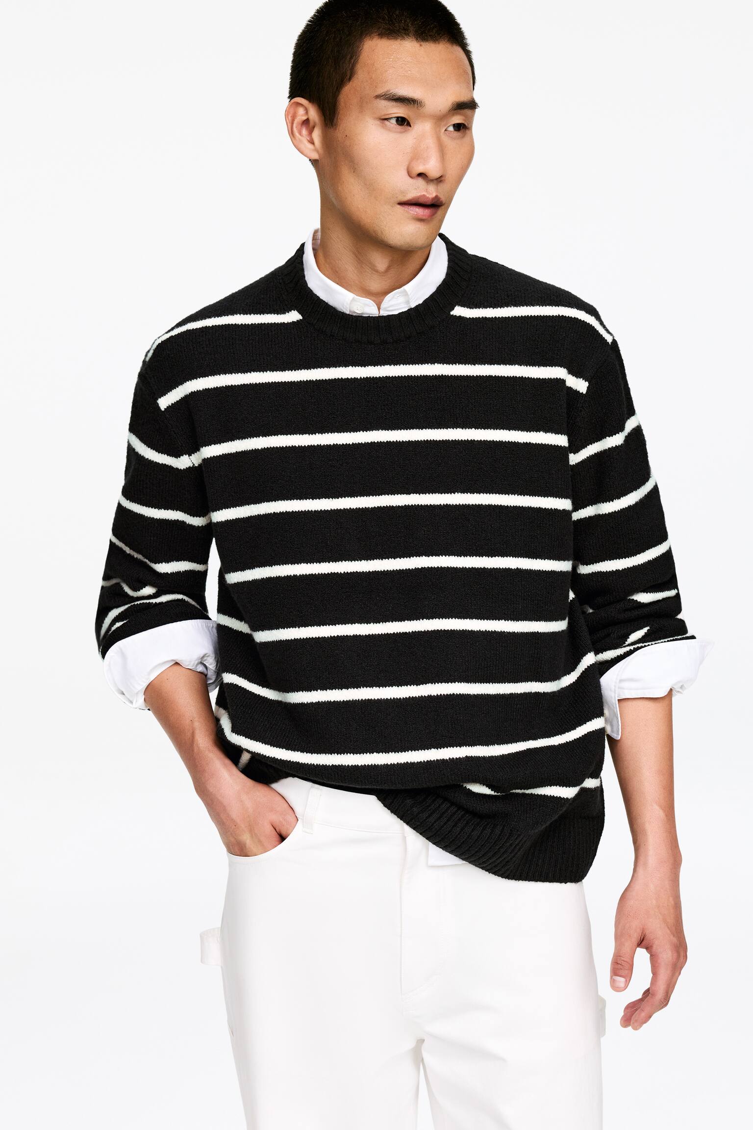 Ruimvallende trui van een katoenmix - Zwart/wit/Gebroken wit/rood - 5