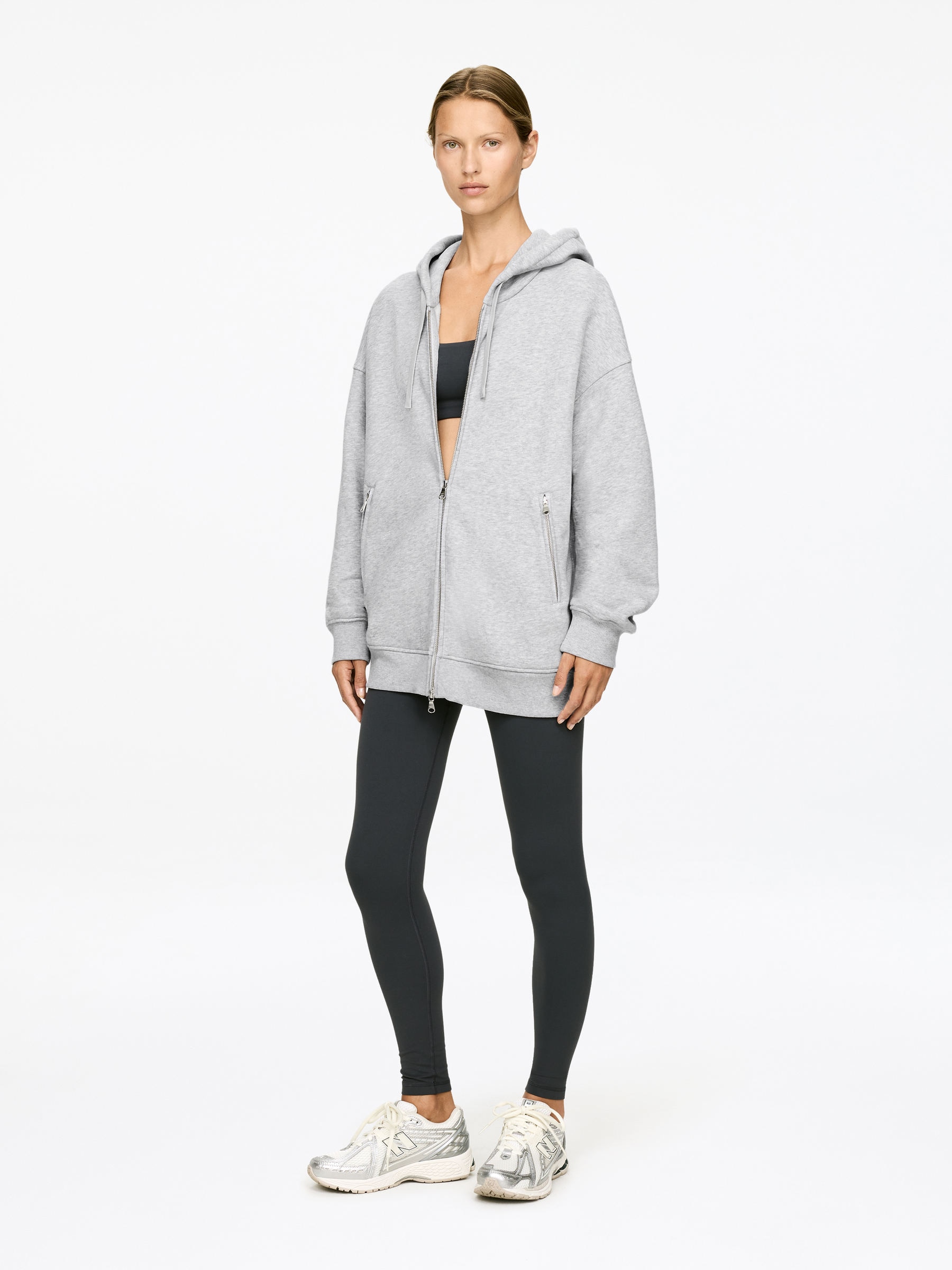 Huvtröja med dragkedja - Gråmelerad - Loose fit - Women - StillMedia/Lookbook - 3