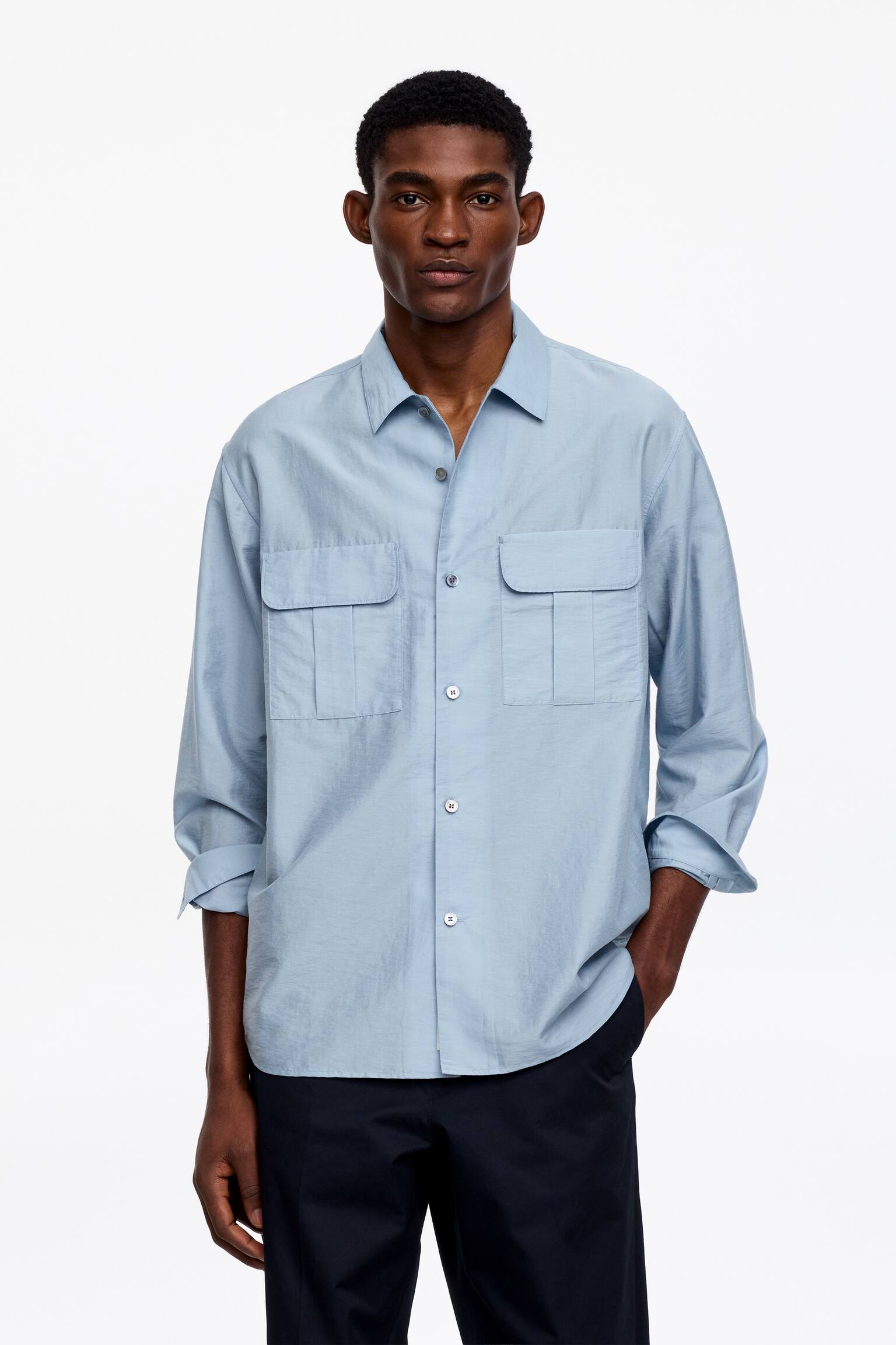 Nadměrná košile ze směsi lyocellu - Prašná modrá/Hnědá - 1