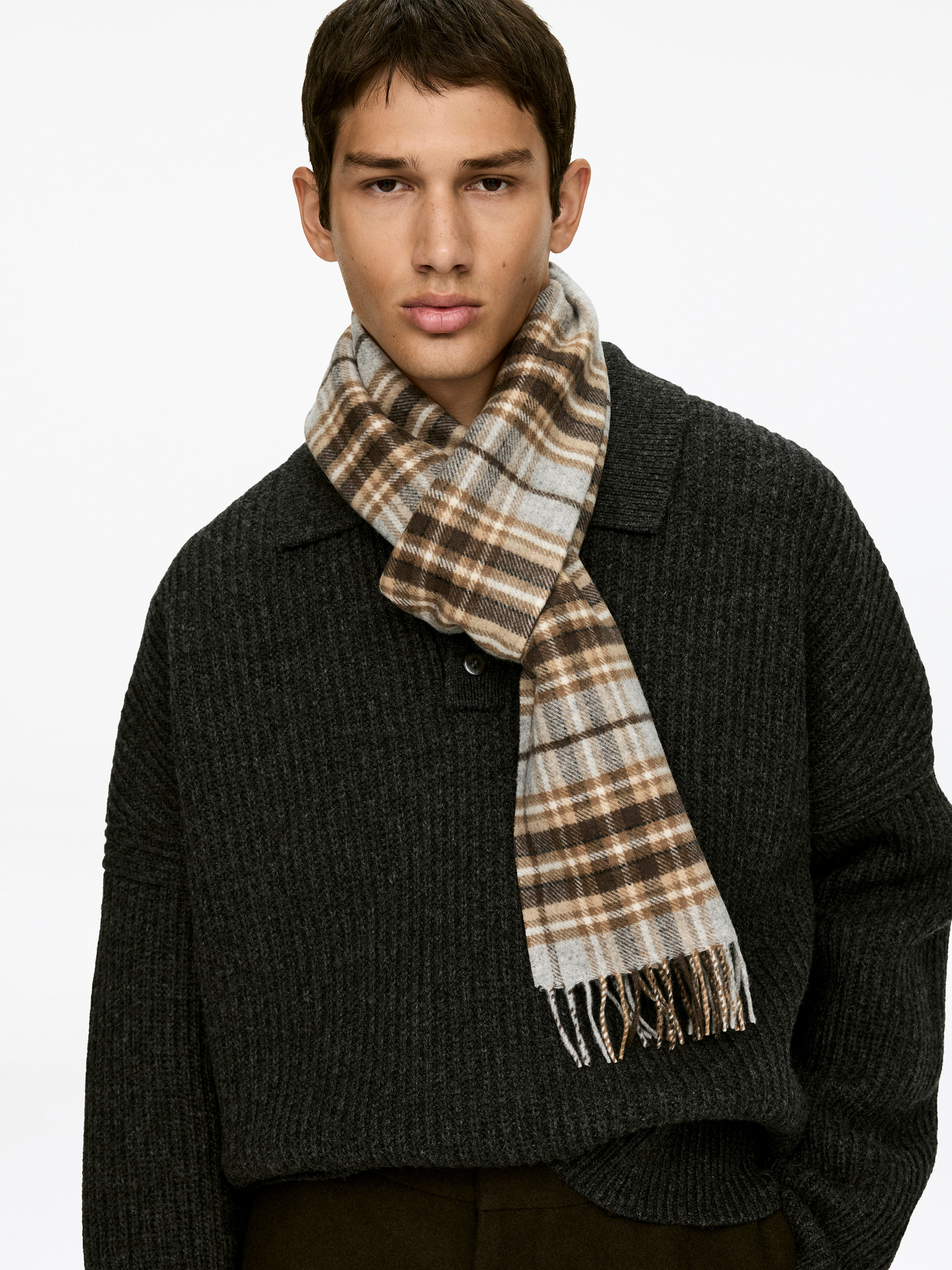 Checkered Wool Scarf-#A49B8B-16550