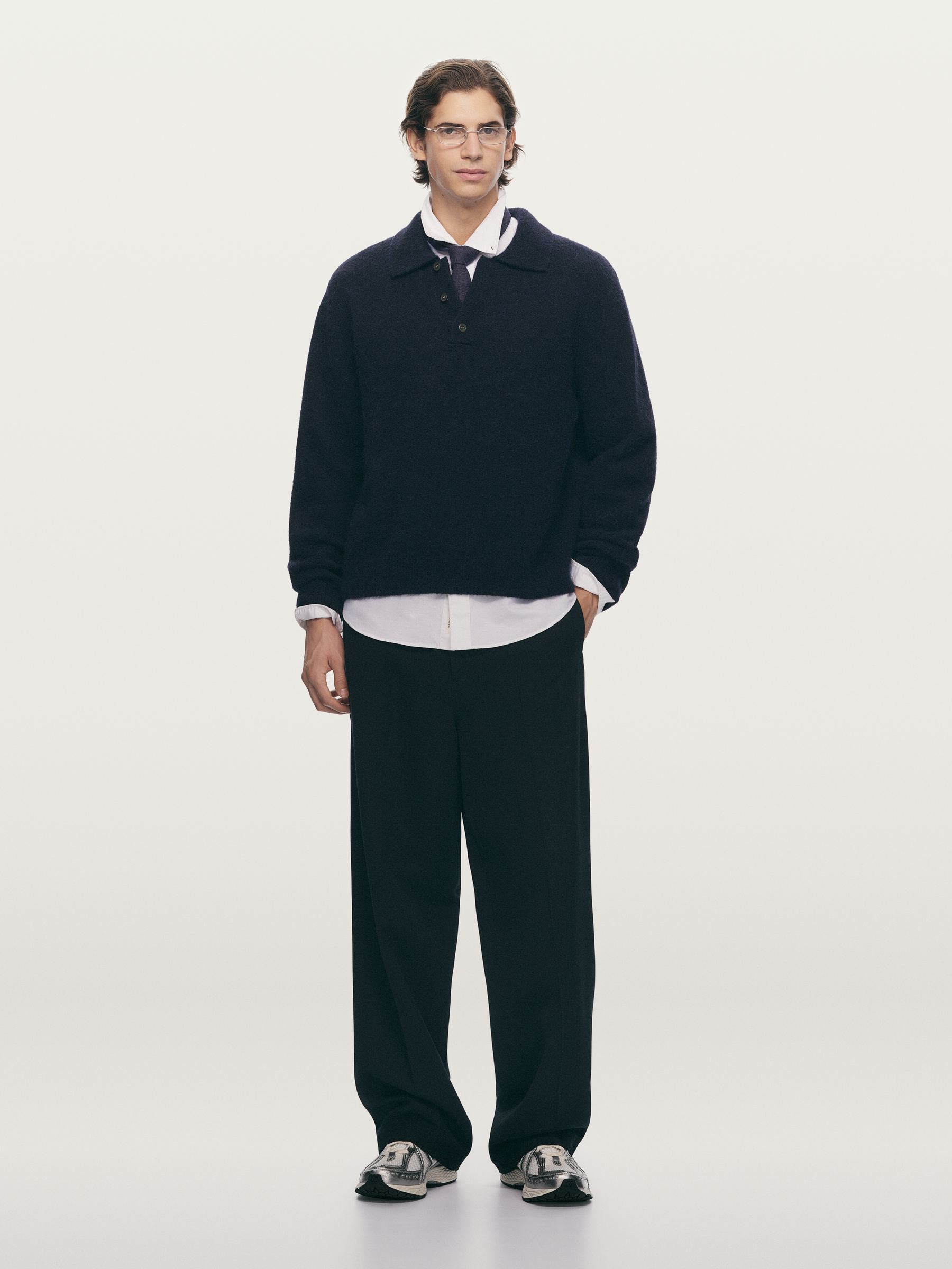 Alpaca Wool Blend Polo Shirt - Dark Blue - Loose fit - Men - StillMedia/Environmental - 1