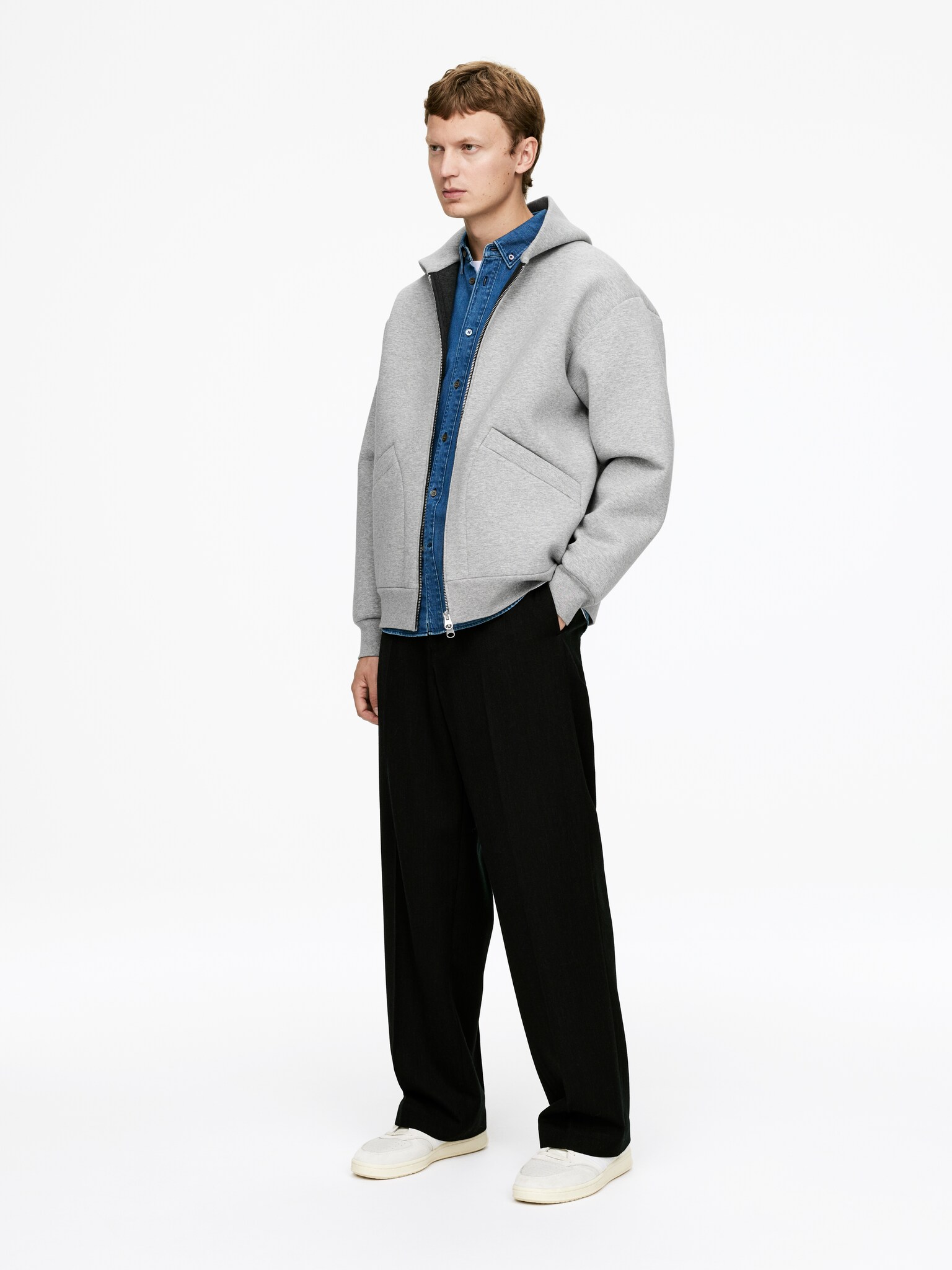 Sweat à capuche zippé en néoprène - Gris chiné/Rouge foncé/Bleu foncé - 3