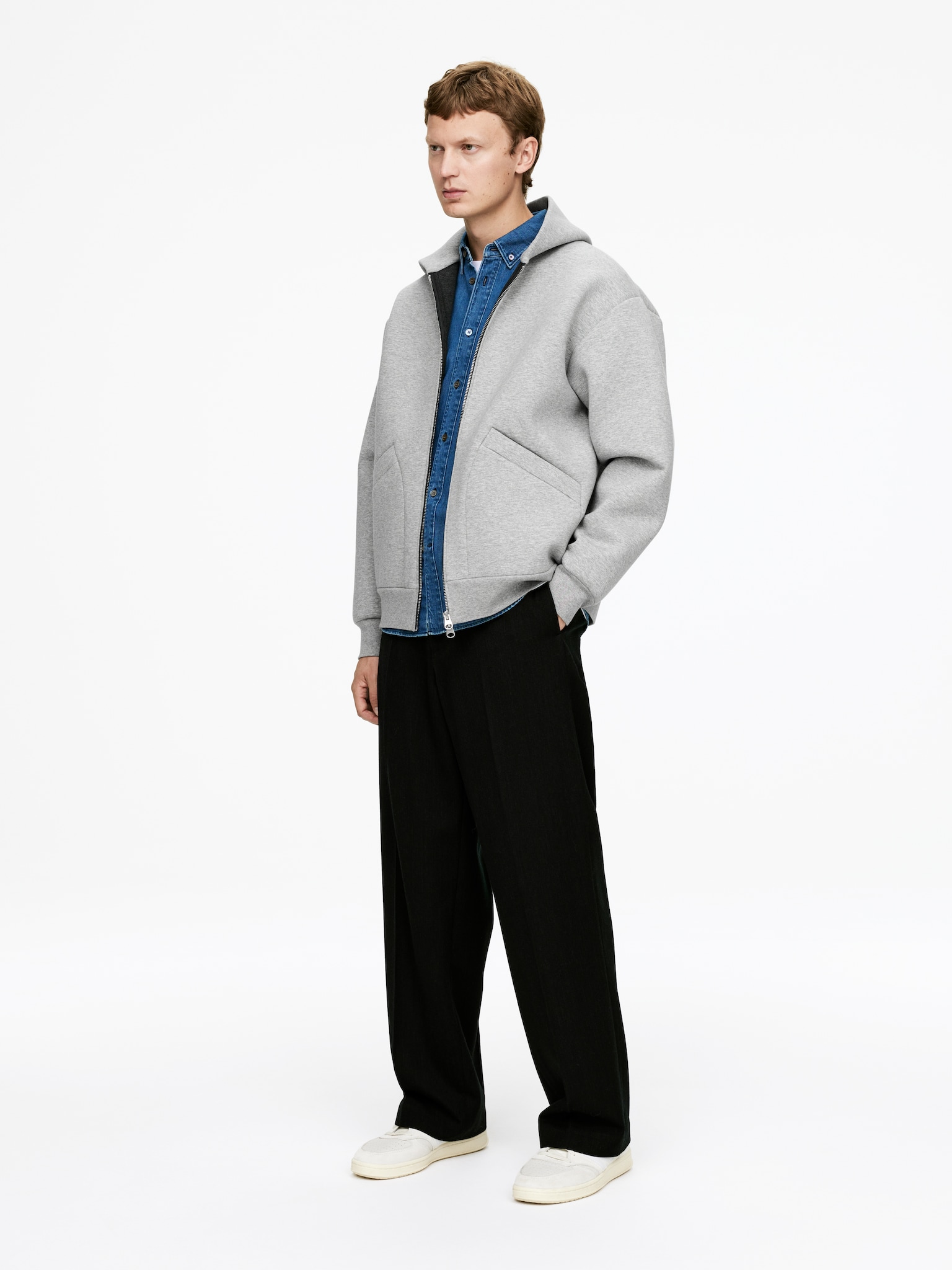 Sweat à capuche zippé en néoprène - Gris chiné/Bleu foncé/Rouge foncé - 5