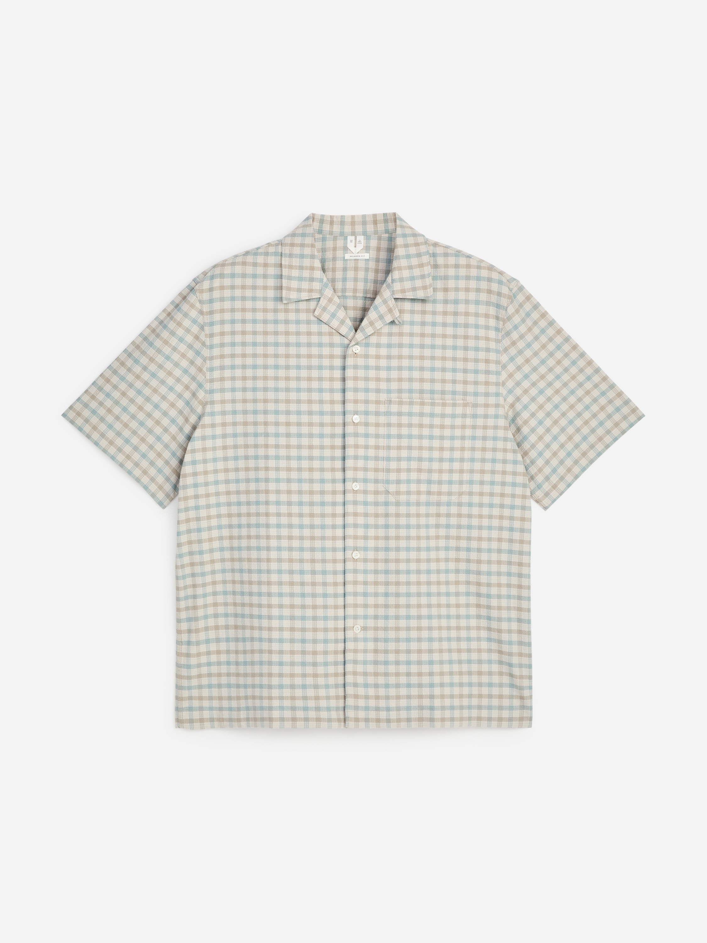 Chemise en seersucker à col cubain - Vert clair/Carreaux/Blanc cassé