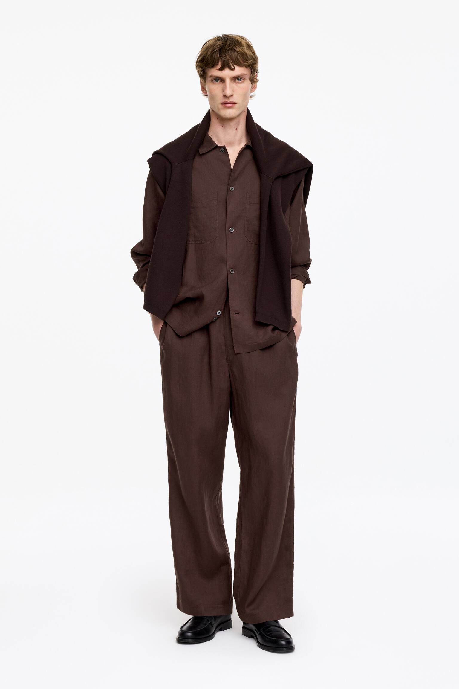 Pantalon en lin décontracté-Marron foncé - 1