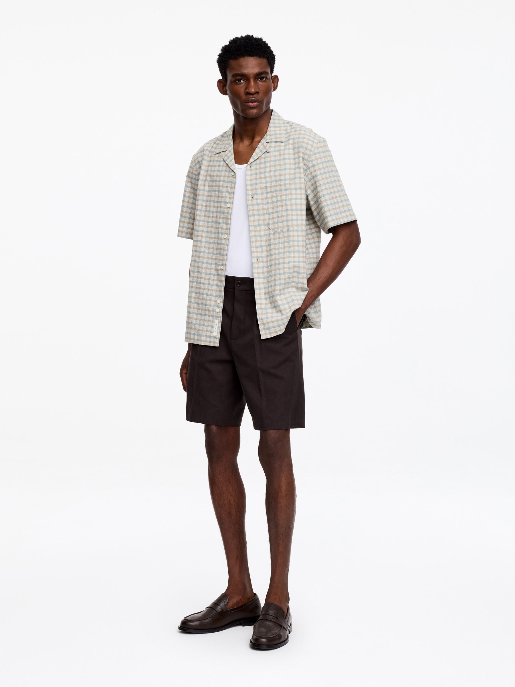 Chemise en seersucker à col cubain - Vert clair/Carreaux - Regular fit - Homme - StillMedia/Lookbook - 4