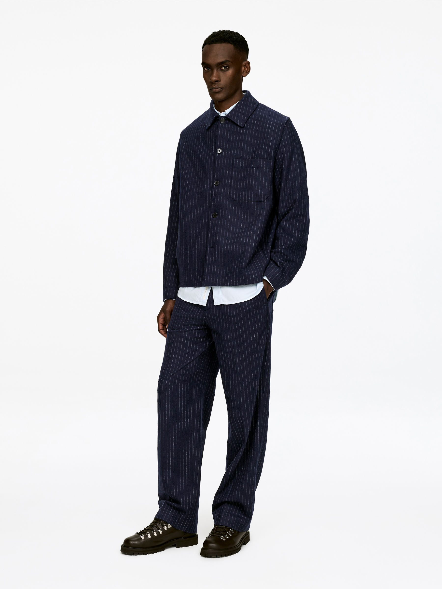 Pinstripe Wool Blend Overshirt - Dark Blue - Relaxed fit - Men - StillMedia/Lookbook - 5