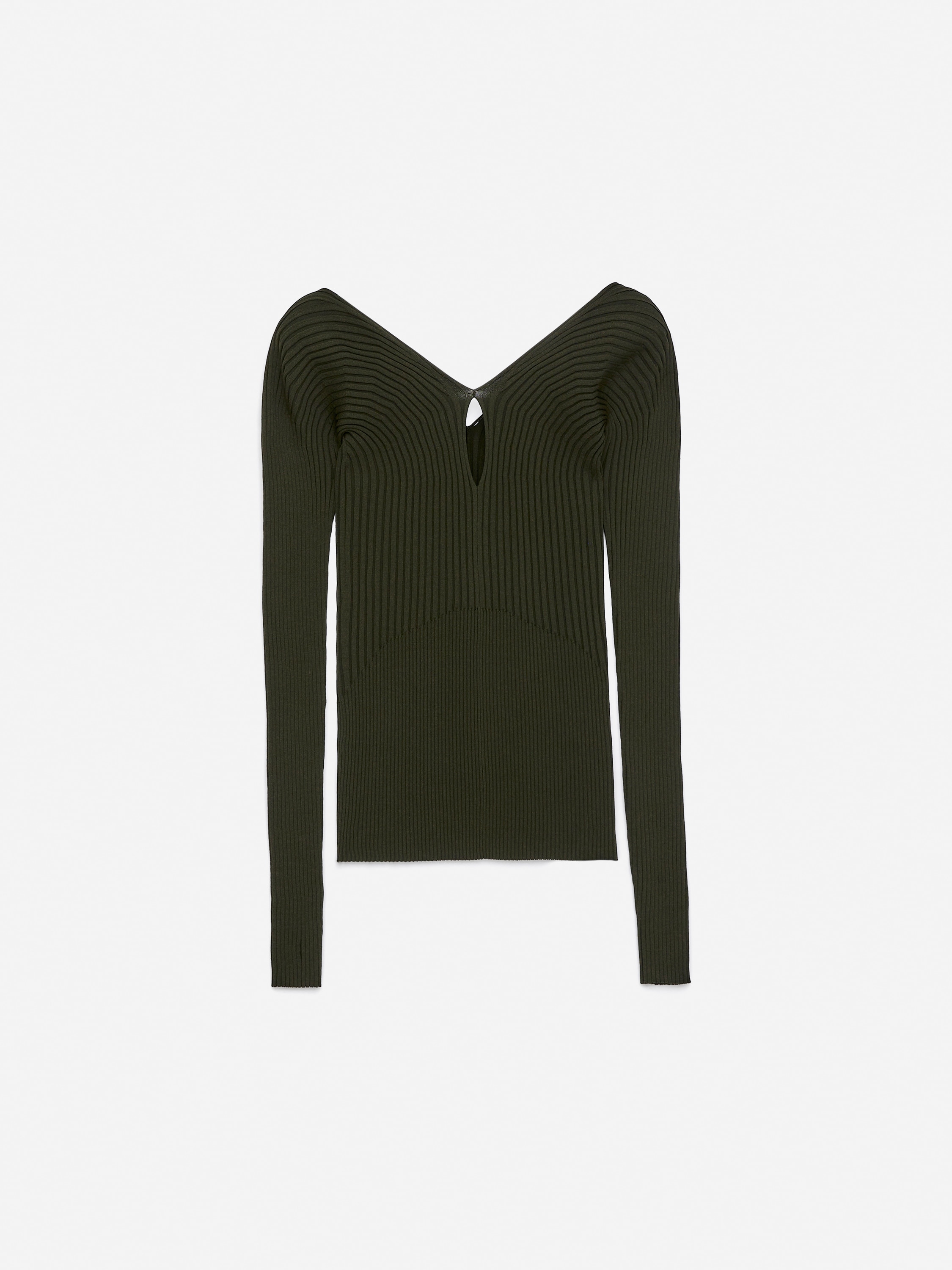 Žebrovaný top s výstřihem do V - Tmavě zelená/Černá