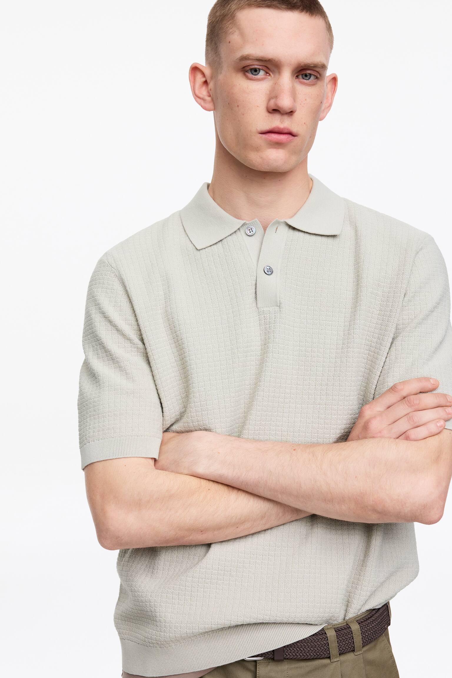 Koszulka polo z bawełnianej dzianiny-Przydymiony zielony - 3