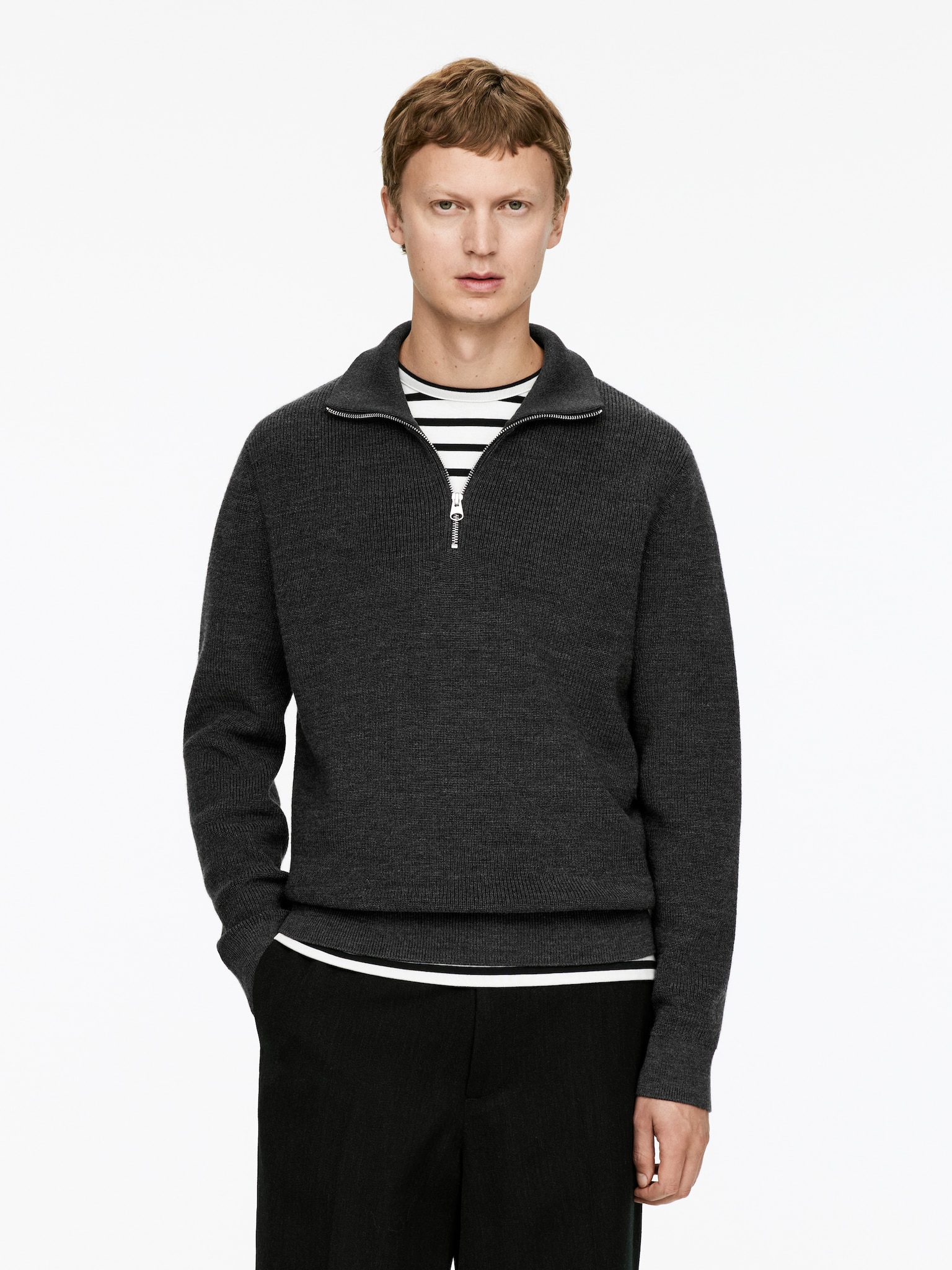 Pull demi-zip en laine et coton - Gris foncé/Bleu foncé
