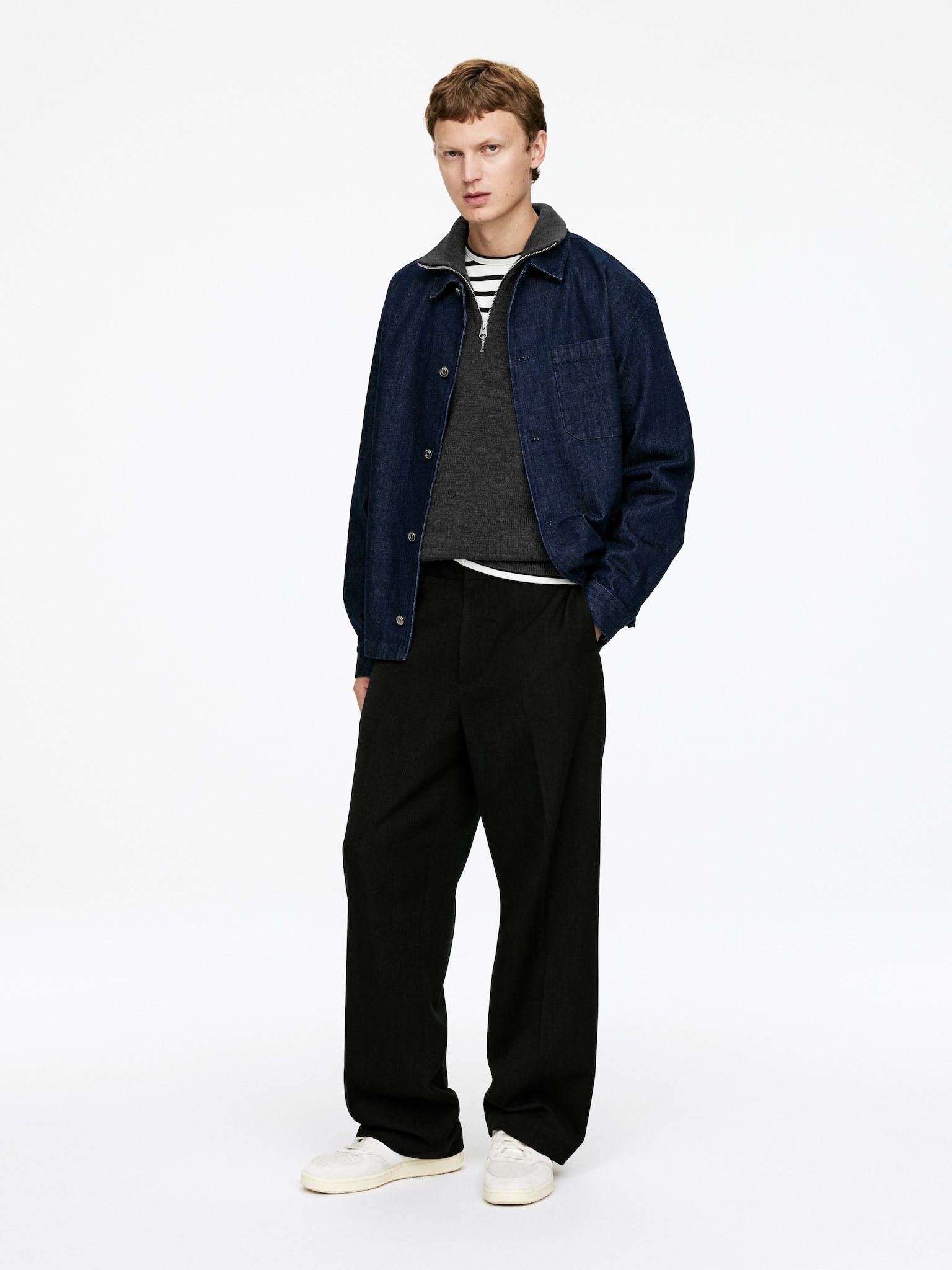 Pull demi-zip en laine et coton - Gris foncé/Bleu foncé - 6