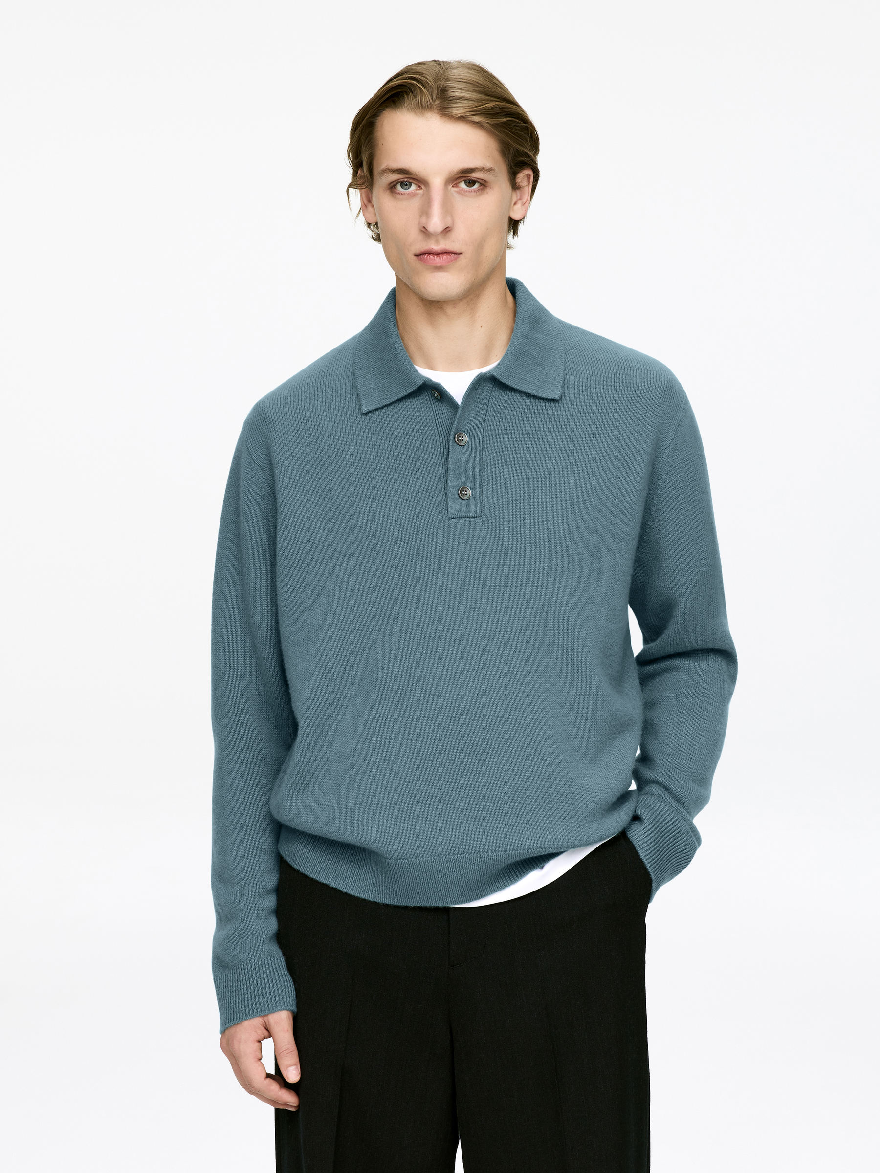 Pure Cashmere Polo Jumper-#899CA6-17281