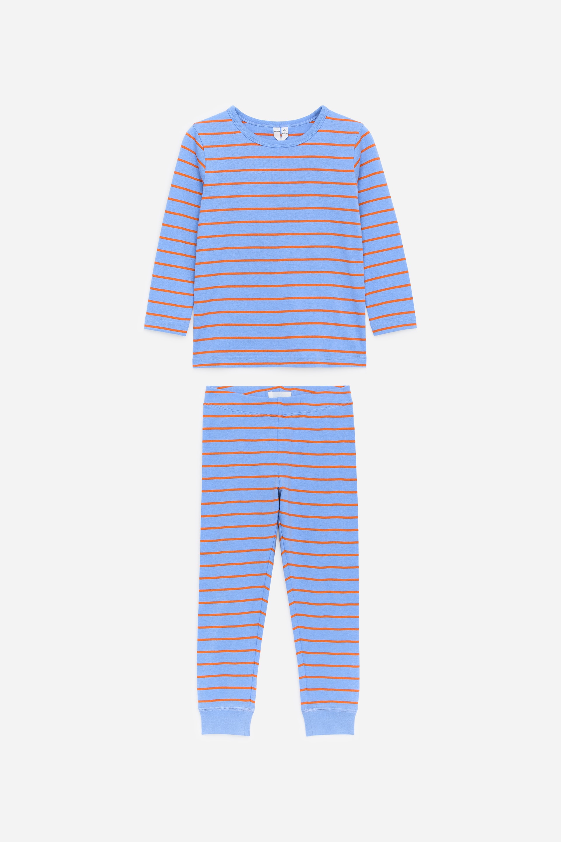 View larger image: A front-facing two-piece pyjama set featuring a light blue base with orange horizontal stripes. The long-sleeved crew-neck top and matching trousers display ribbed cuffs on the sleeves and legs, with the trousers also featuring an elasticated waist.