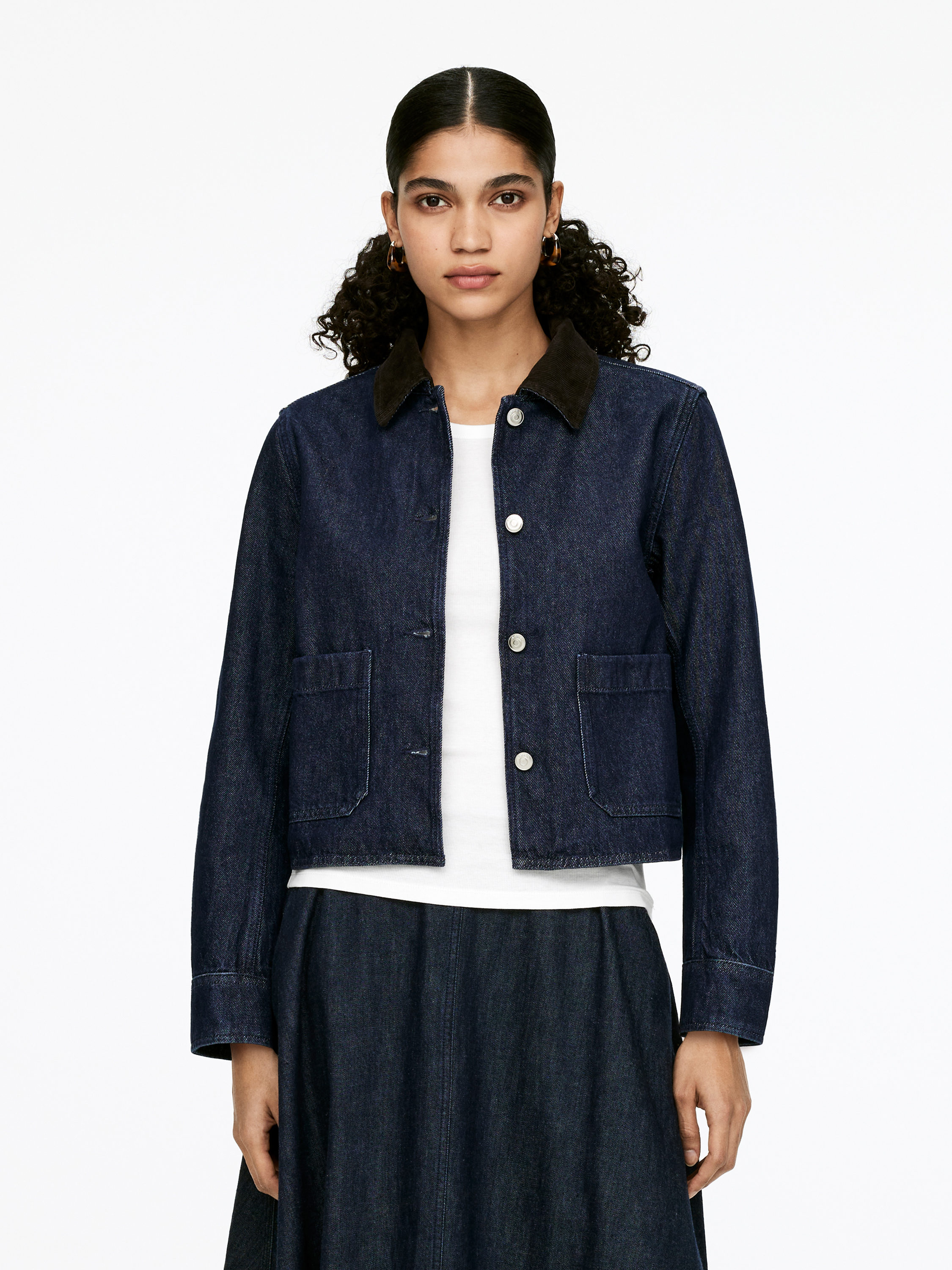 Corduroy-Collar Denim Overshirt-#2E3036-16215