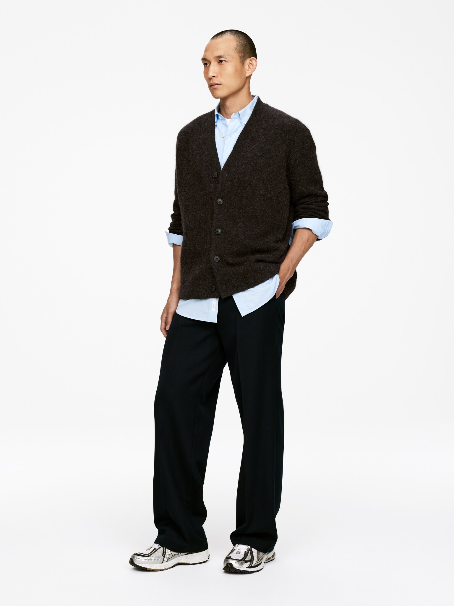 Wool-Alpaca Blend Cardigan - Brown/Dark Beige/Dark Blue - 5