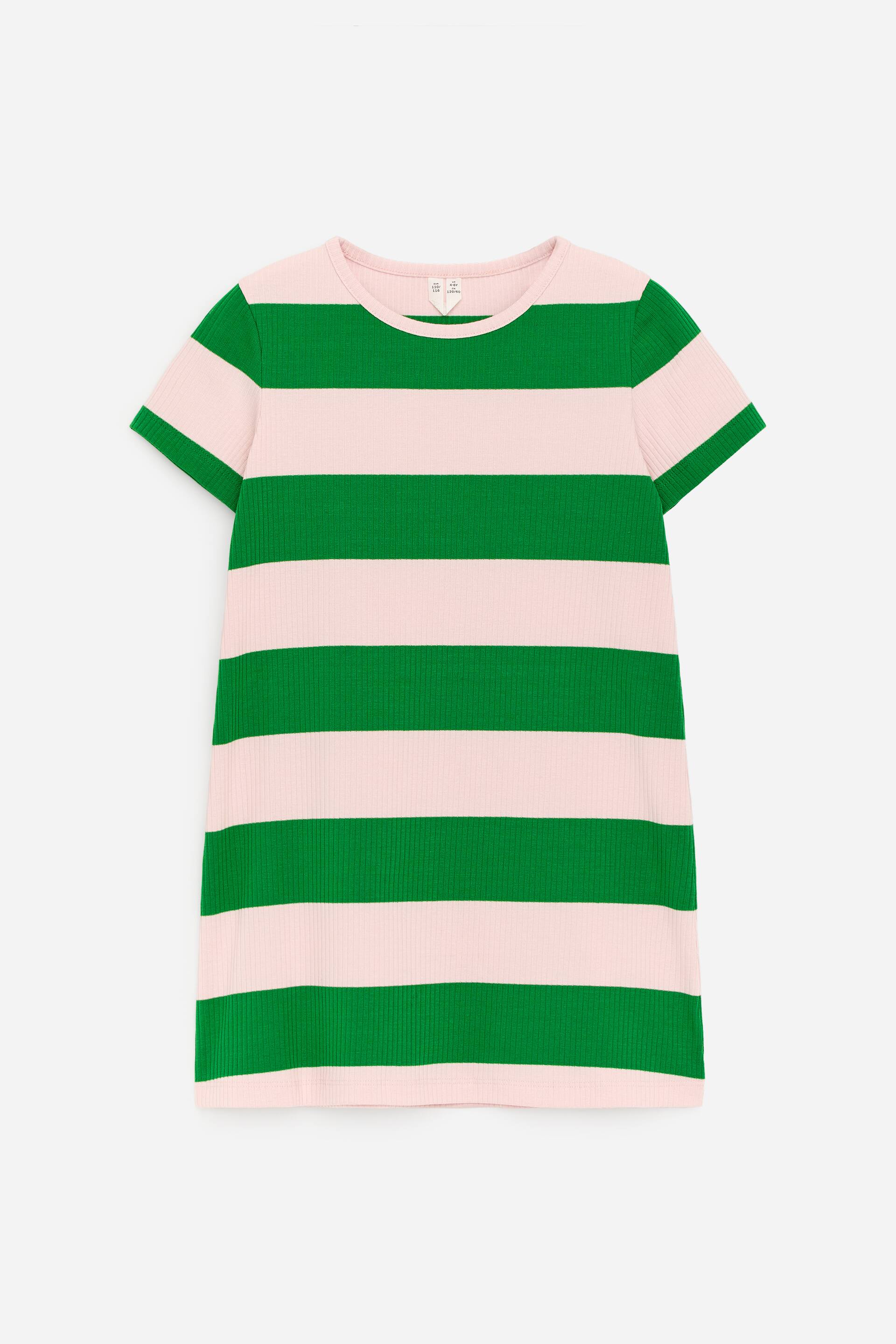 Größeres Bild anzeigen: Ein Kleid wird VORNE präsentiert, das horizontale Streifen in abwechselndem Pink und Grün aufweist. Es zeigt eine gerippte Textur, einen Rundhalsausschnitt und kurze Ärmel.