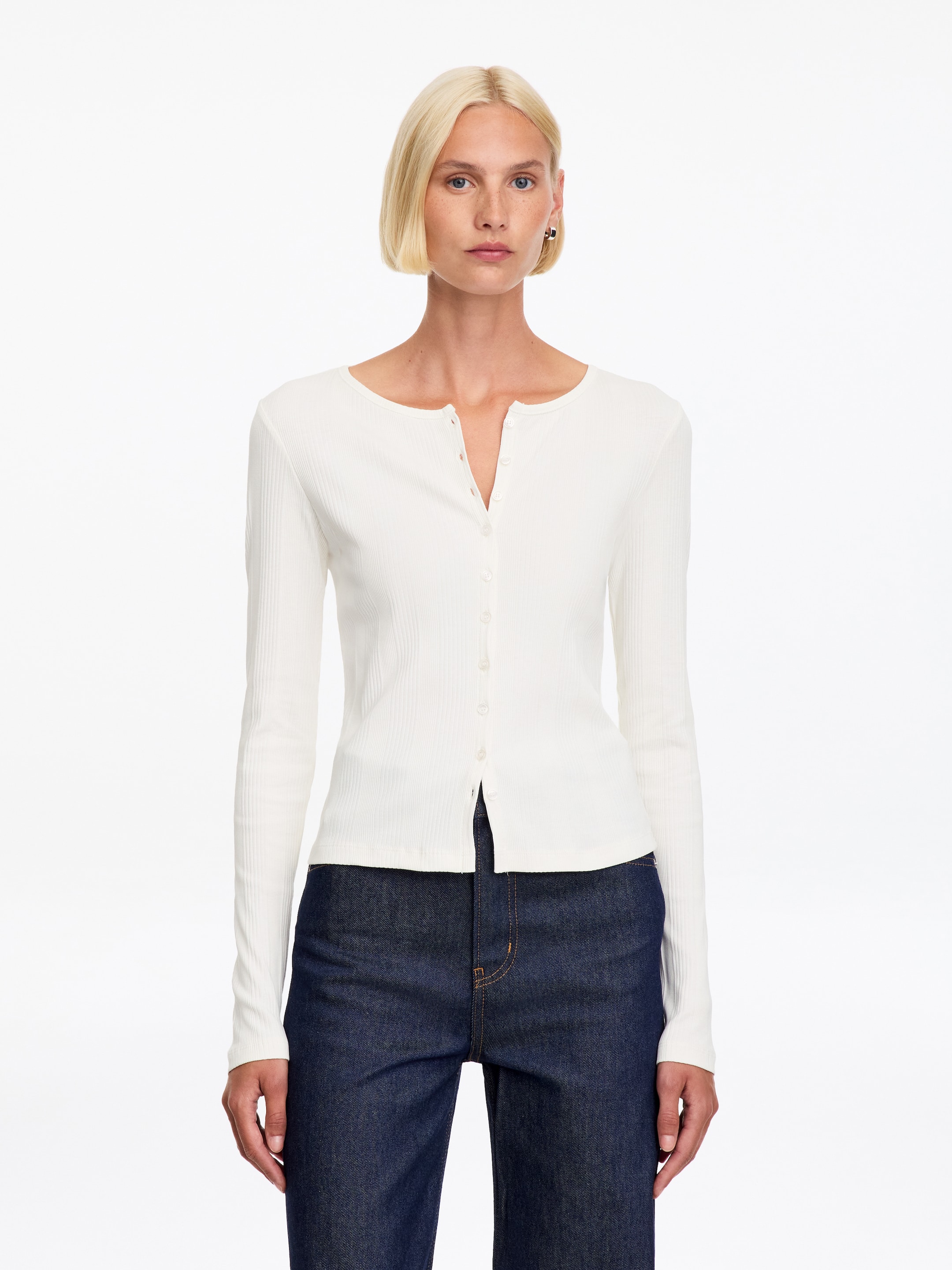 Ribbed Button-Front Top-White-20694