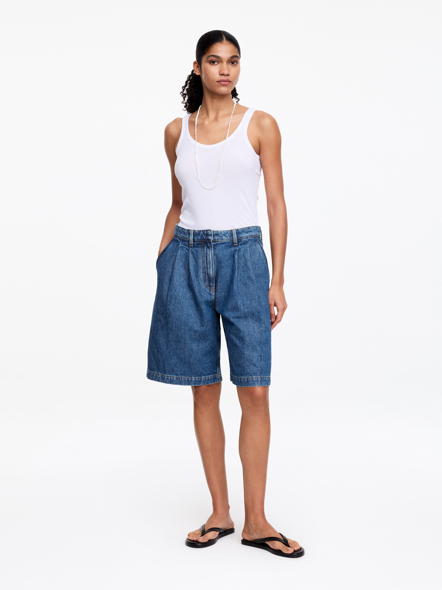 Pleated Denim Shorts-#455F8E-15857