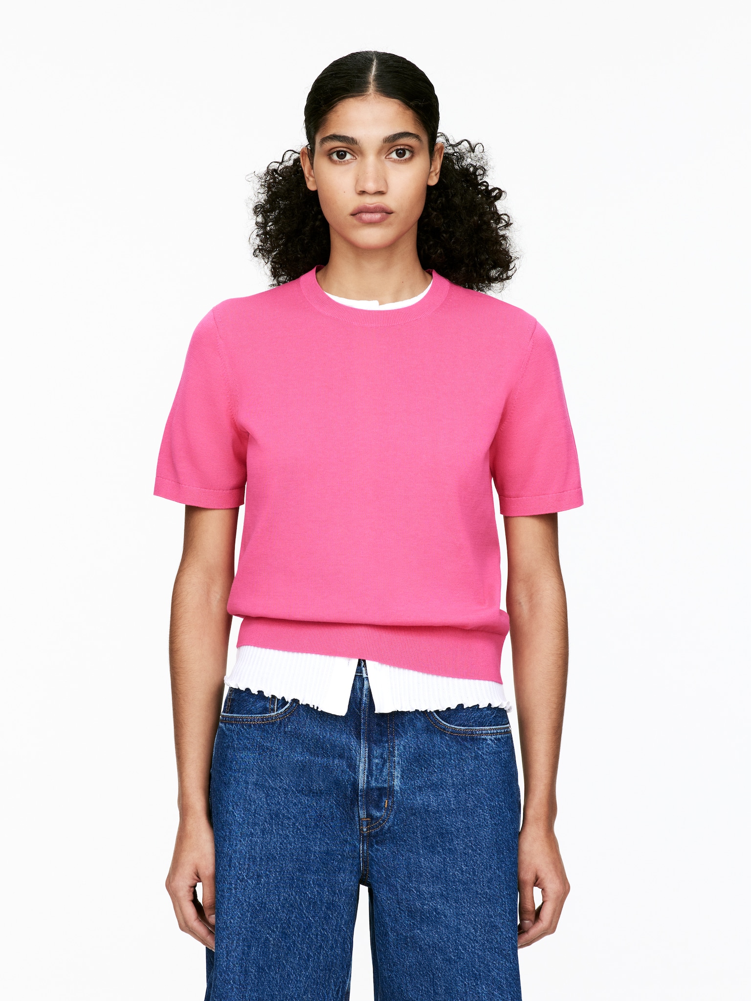 Camisola de malha de manga curta - Cor-de-rosa/Branco sujo