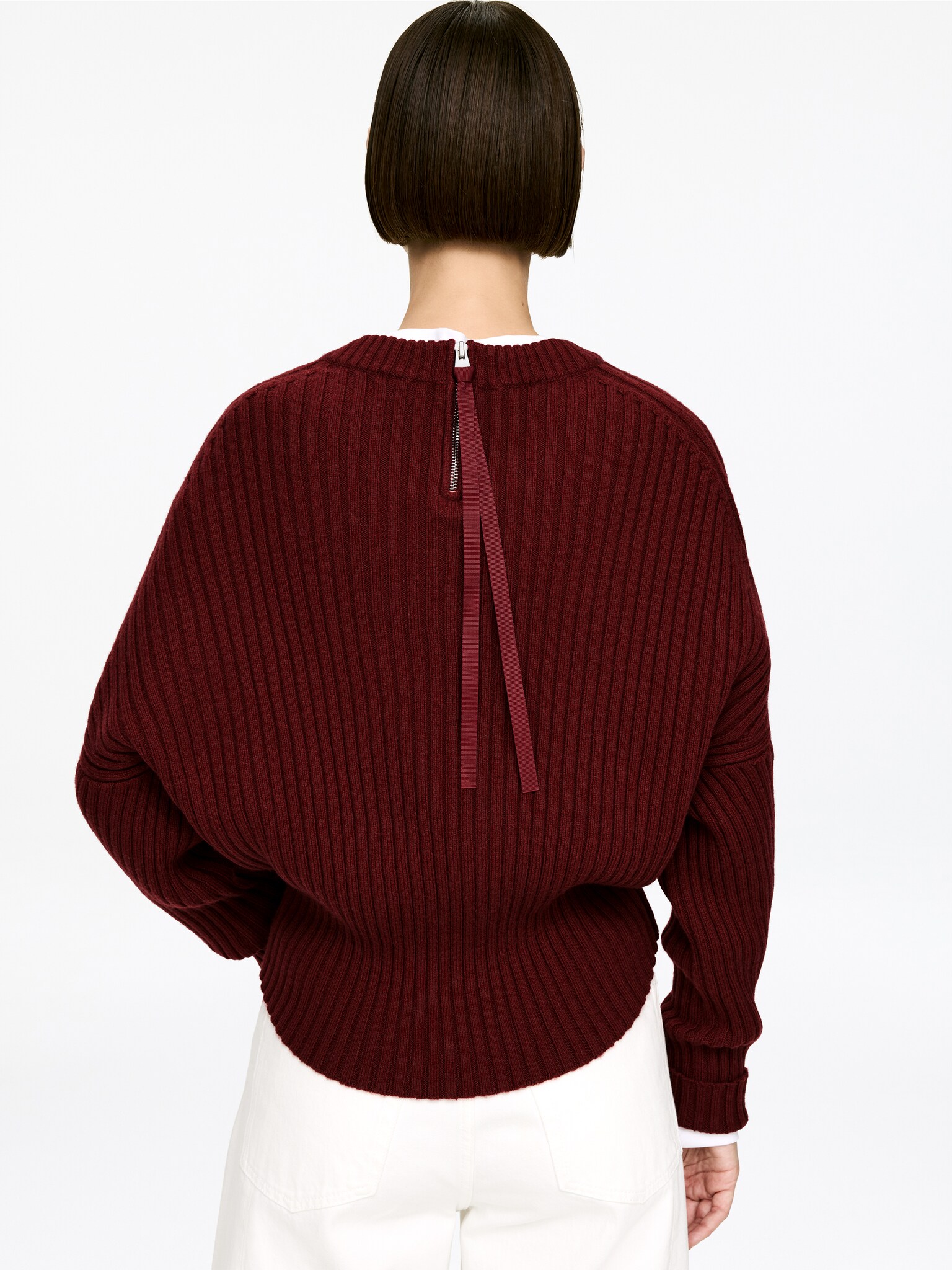 Zip-Detail Wool Jumper - Dark Red/Black - 3