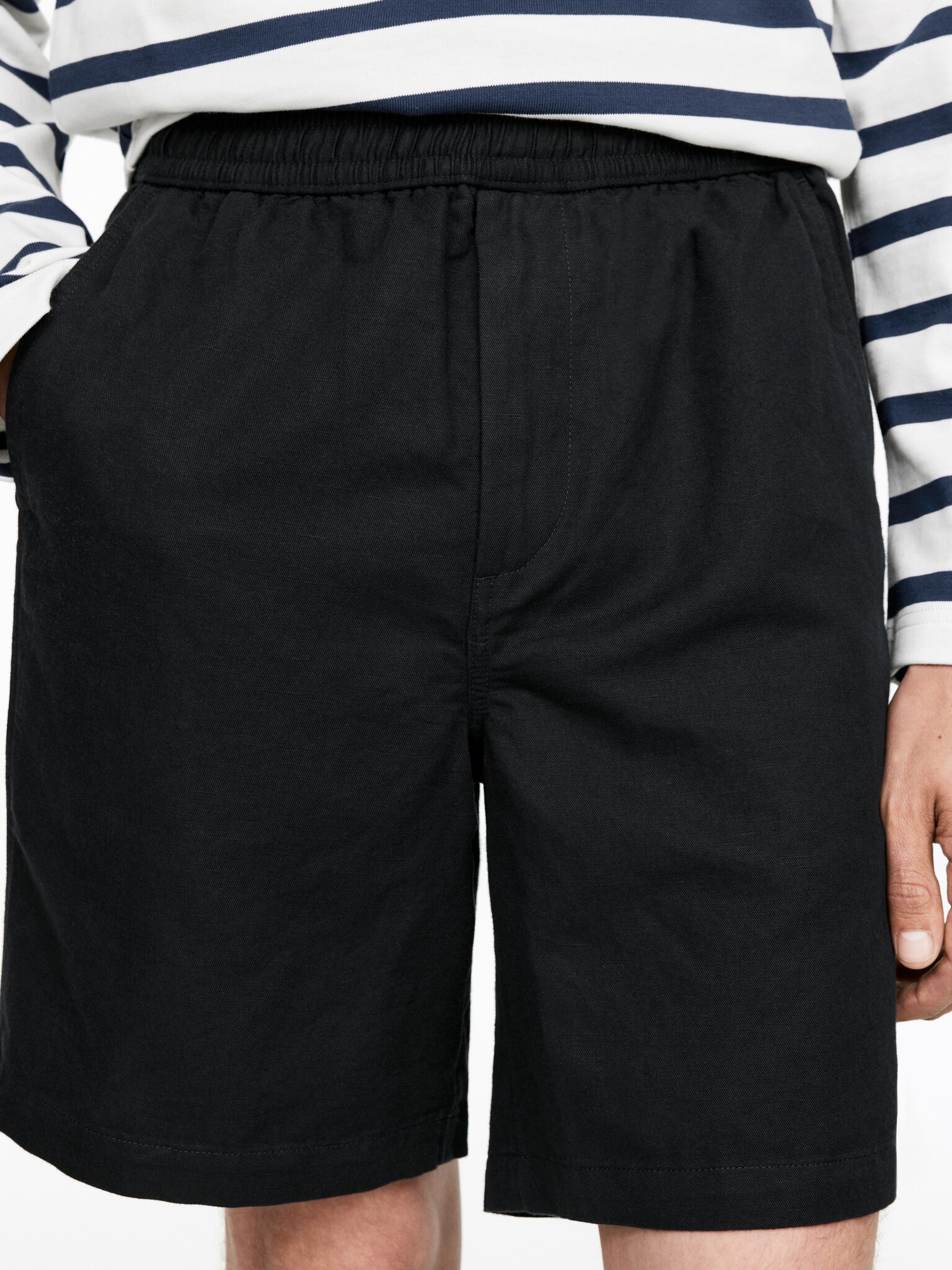 Short en coton et lin avec cordon de serrage - Bleu foncé/Beige clair/Vert - 4