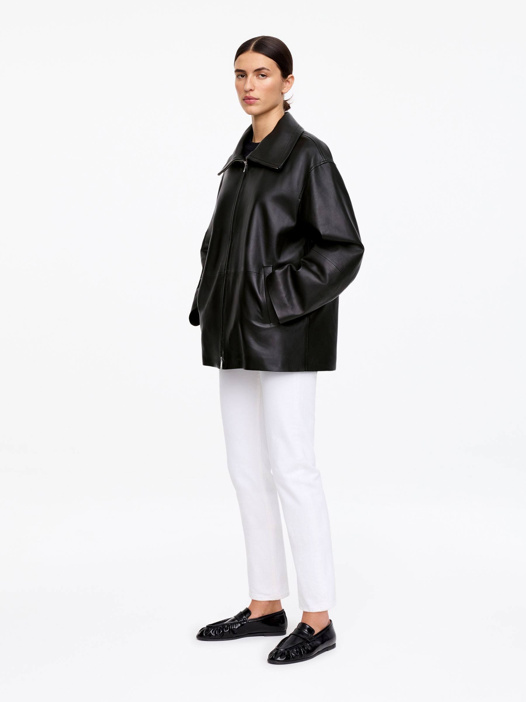 Funnel-Neck Leather Jacket - Black - Regular fit - Women - StillMedia/Lookbook - 3