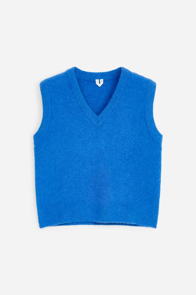 Eine Weste aus einer Alpaka-Wollmischung zeigt sich in einem leuchtenden Blau und einer weichen, flauschigen Textur. Sie präsentiert sich mit einem V-Ausschnitt und einem gerippten Saum, von vorne dargestellt. - 1