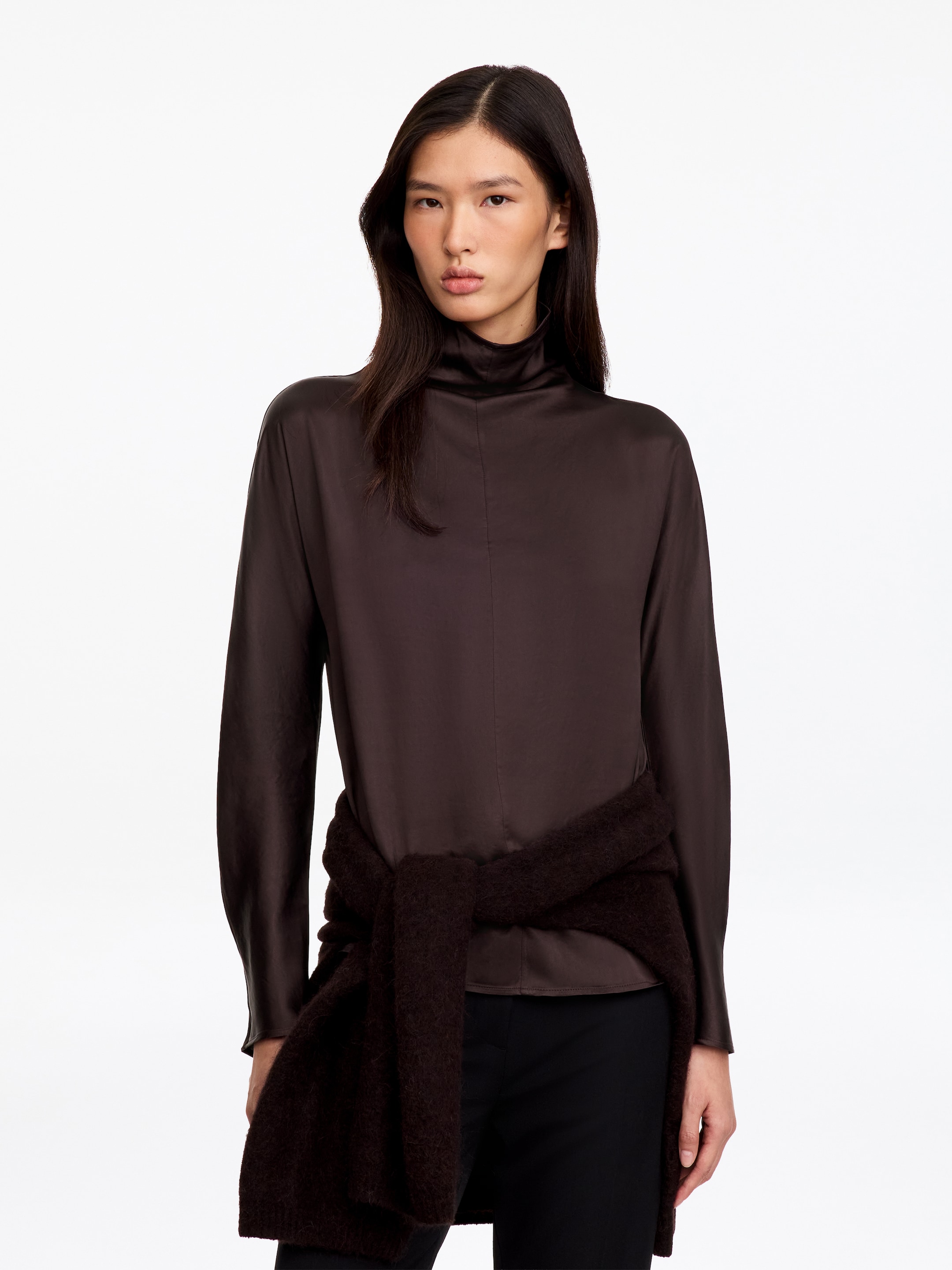 Mock-Neck Satin Top-Brown-18023
