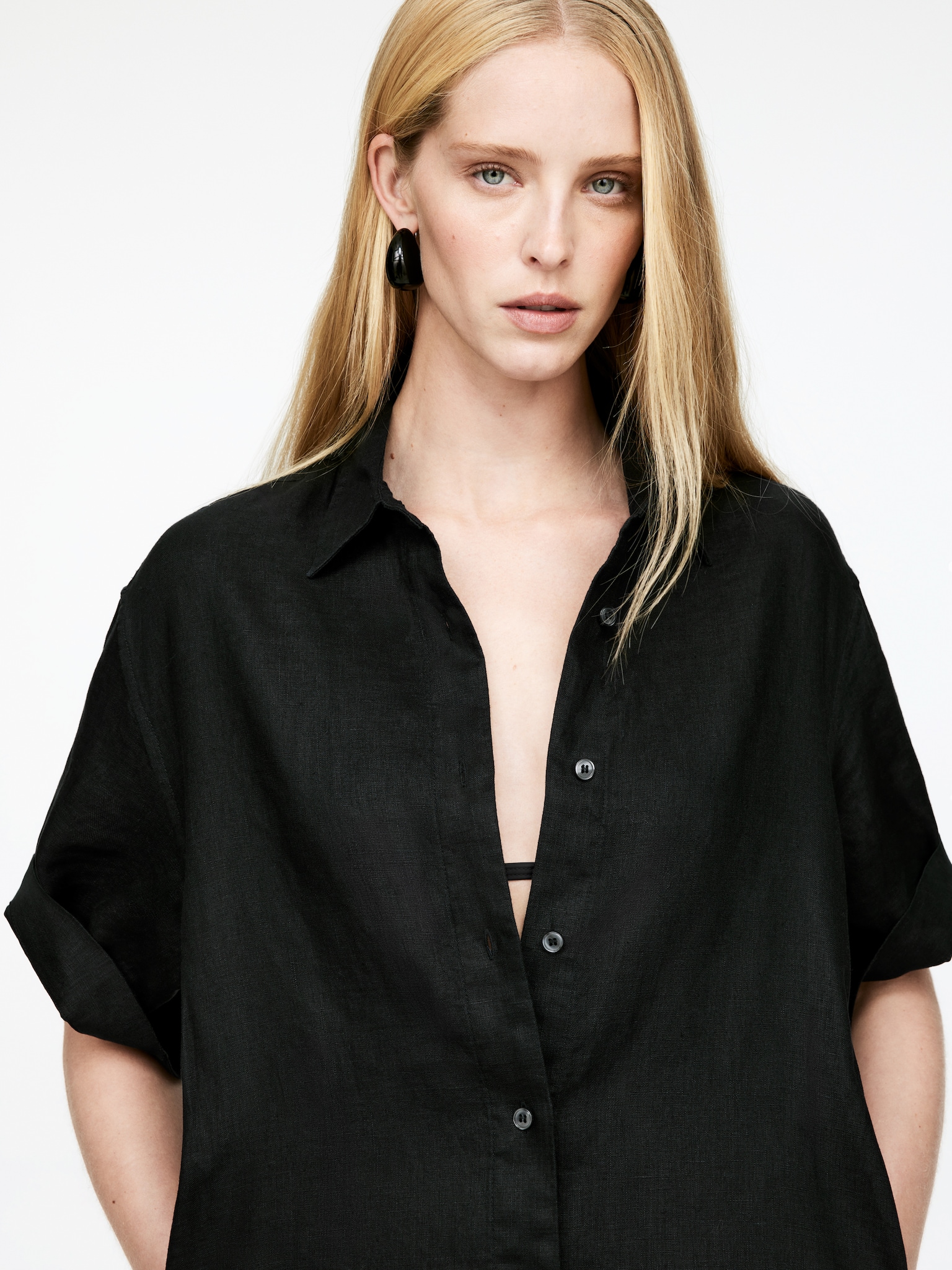 Robe chemise en lin - Noir/Bleu/Blanc - 3