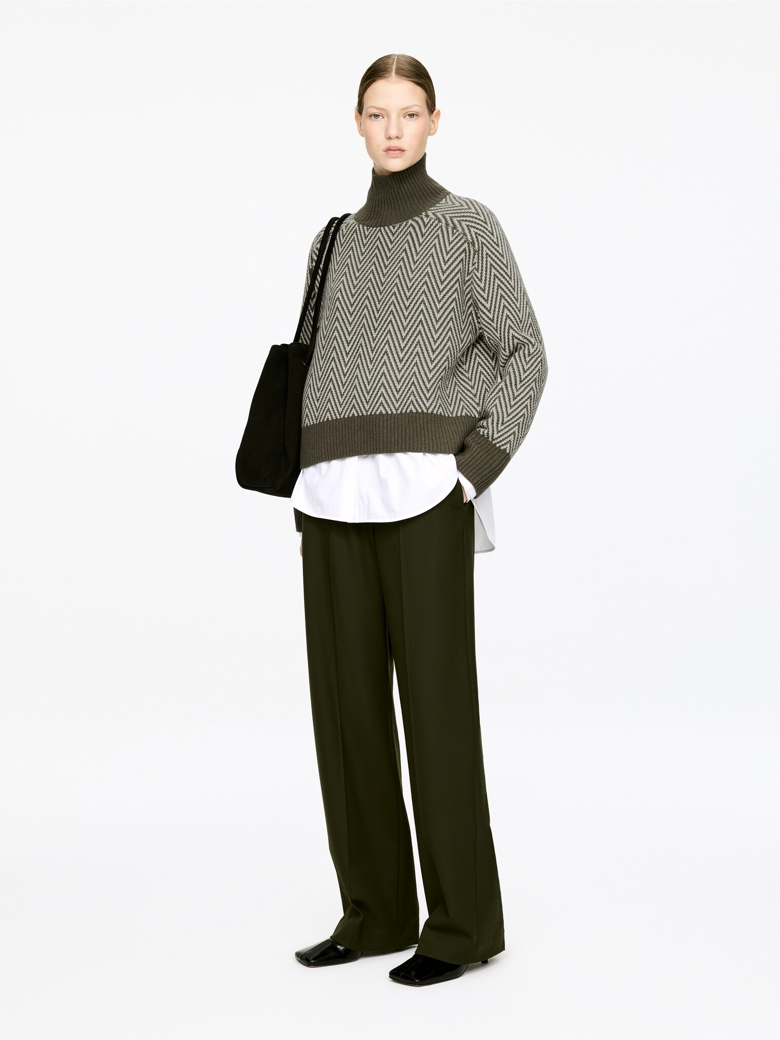 Jacquard-strikket ullgenser - Khakigrønn - 3