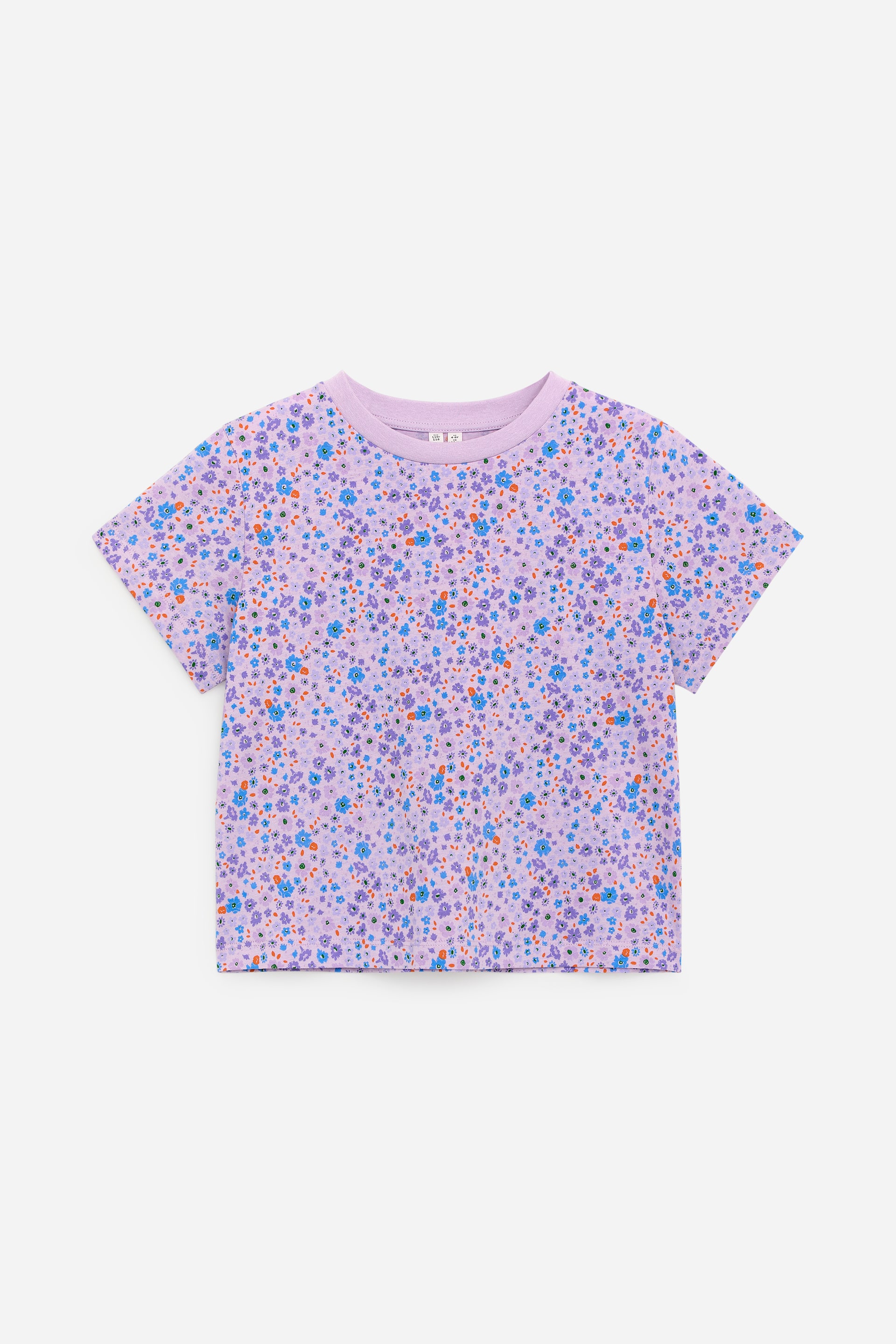 Grösseres Bild ansehen: Ein T-Shirt zeigt eine Vorderansicht und präsentiert sich in weiter Passform mit leicht überschnittenen Schultern. Es ist mit einem dichten Blumenmuster in Blau-, Lila-, Orange- und Grüntönen auf einem hellvioletten Hintergrund gestaltet und mit einem soliden, lavendelfarbenen, gerippten Rundhalsausschnitt versehen.