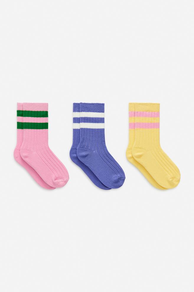 Rib Knit Socks Set of 3 - Pink/Blue/Yellow/Dark Green/Multicolour/Rust/Blue/White/Lilac/Dark Red/Green/White/Blue/Lilac/White/Pink - 1