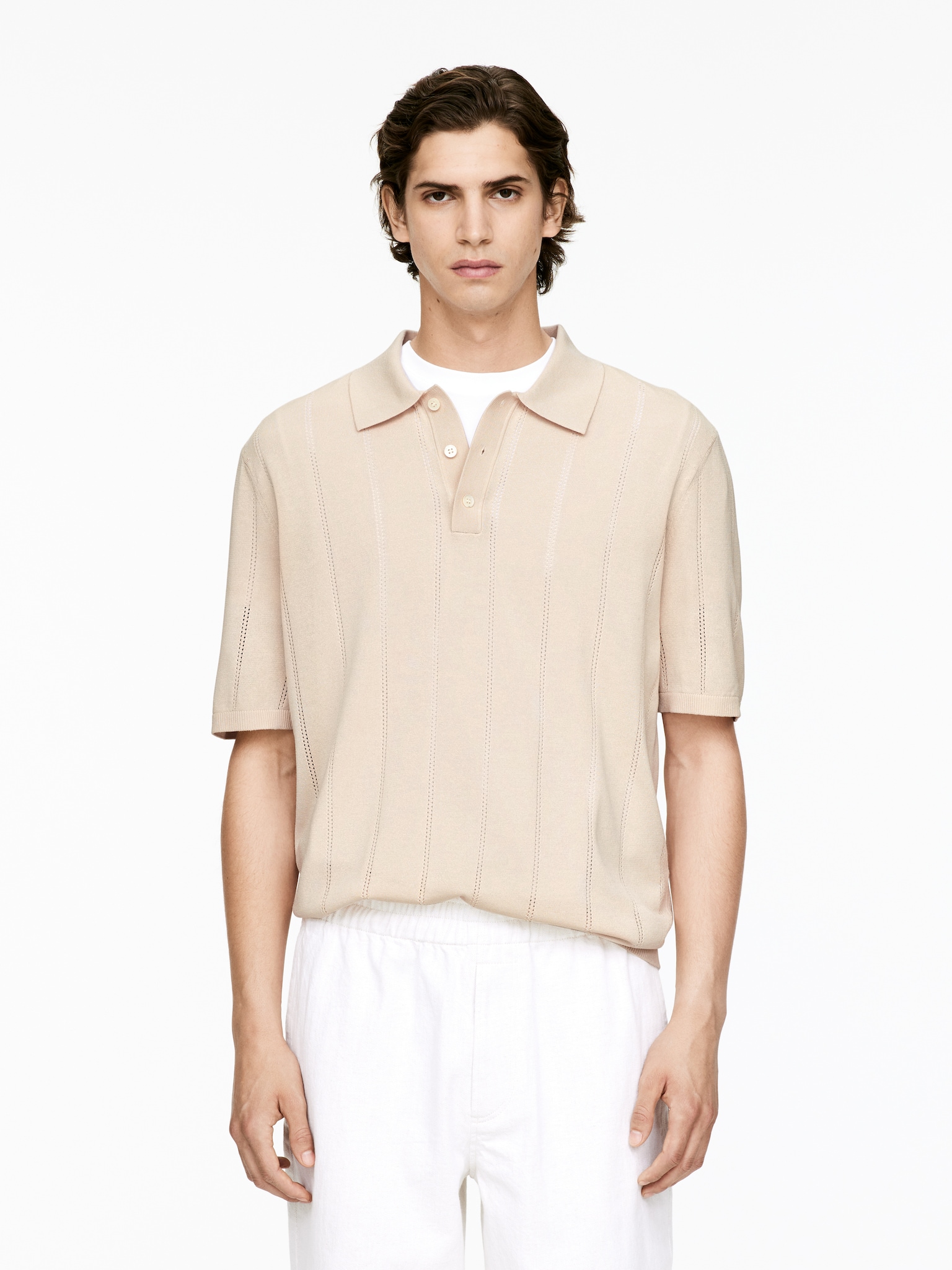 Polo en maille pointelle - Beige/Bleu foncé