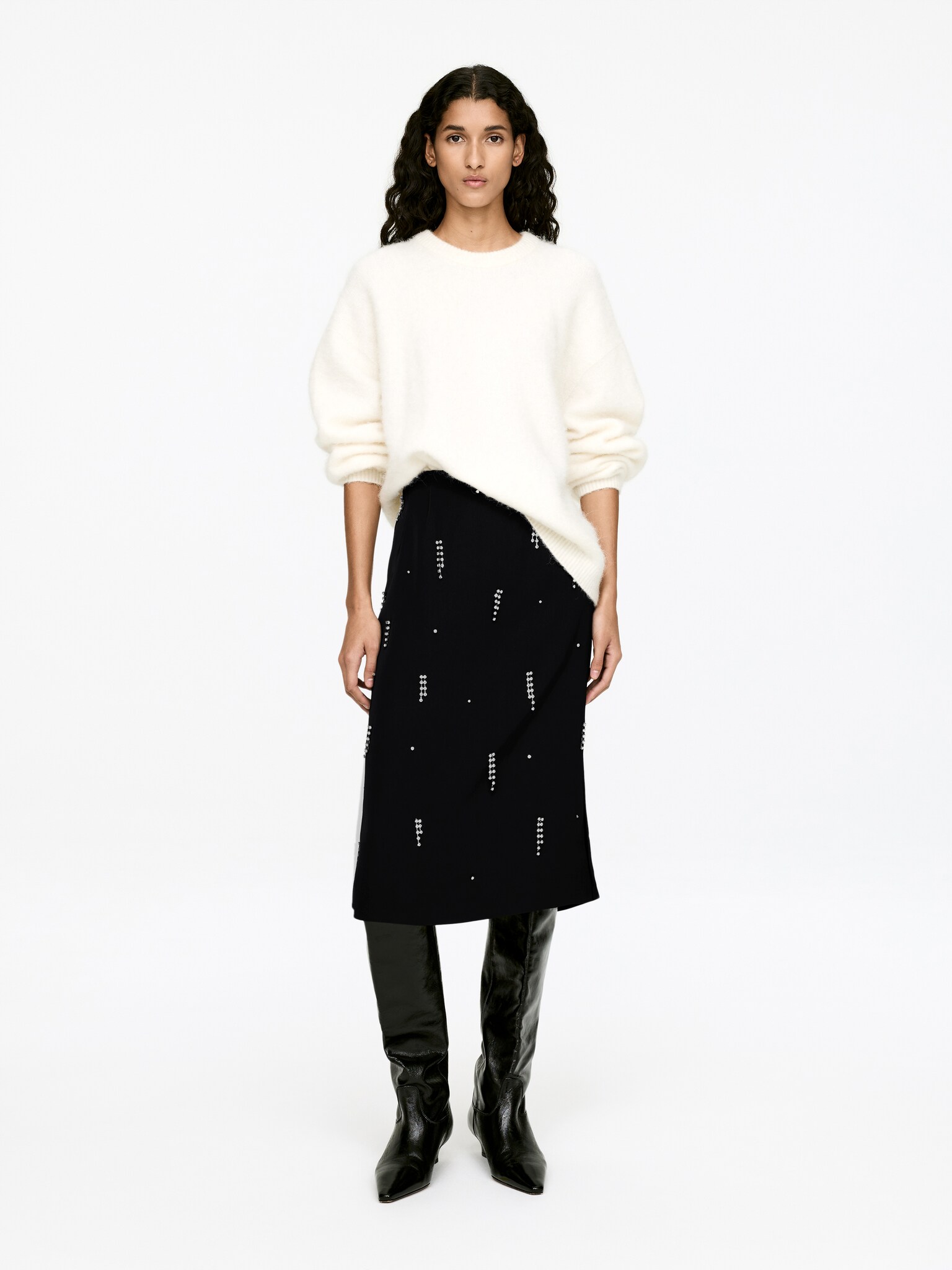 Rhinestone-Detail Midi Skirt - Black - 1