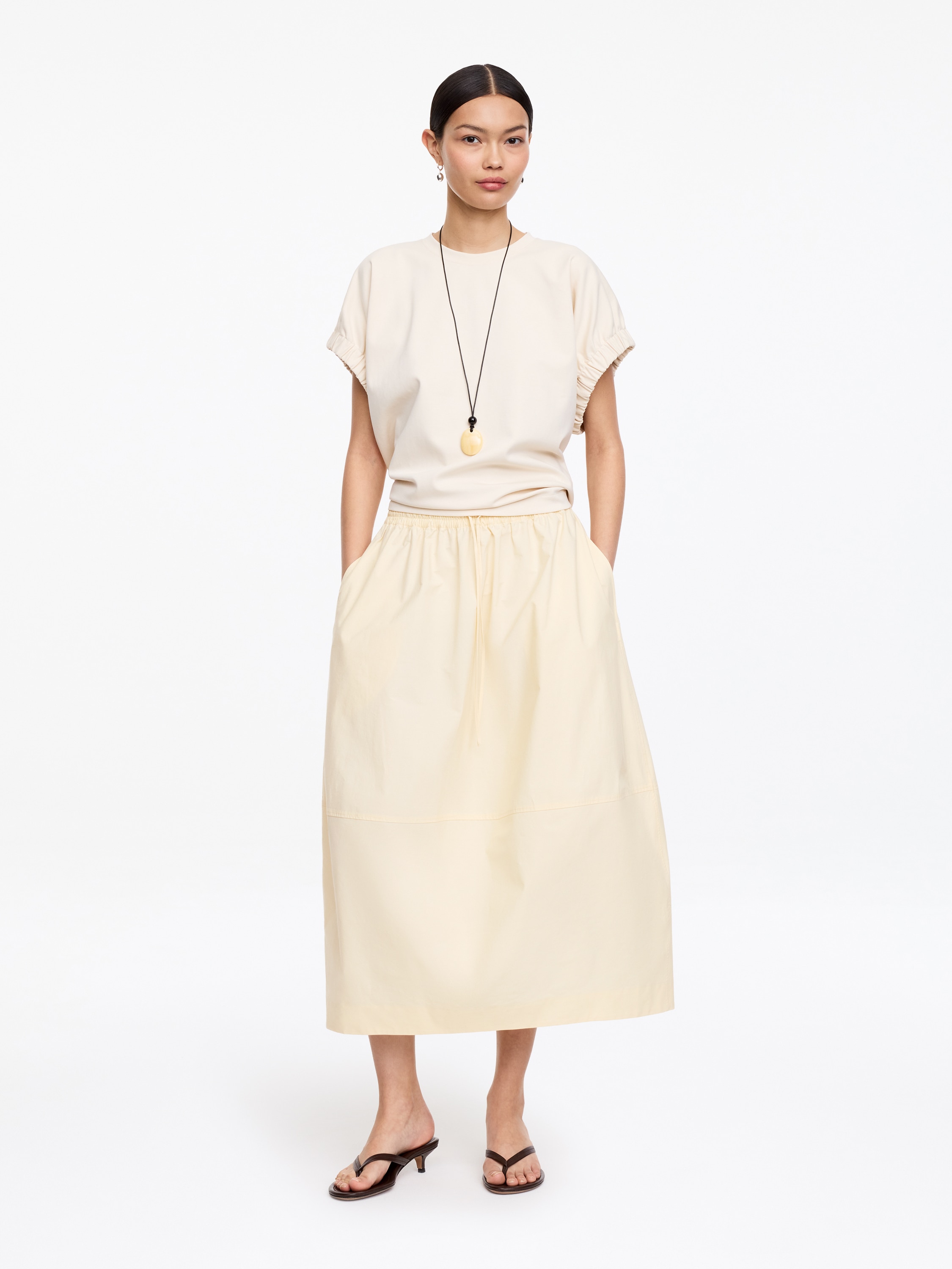 Gonna midi in cotone - Beige chiaro/Marrone scuro