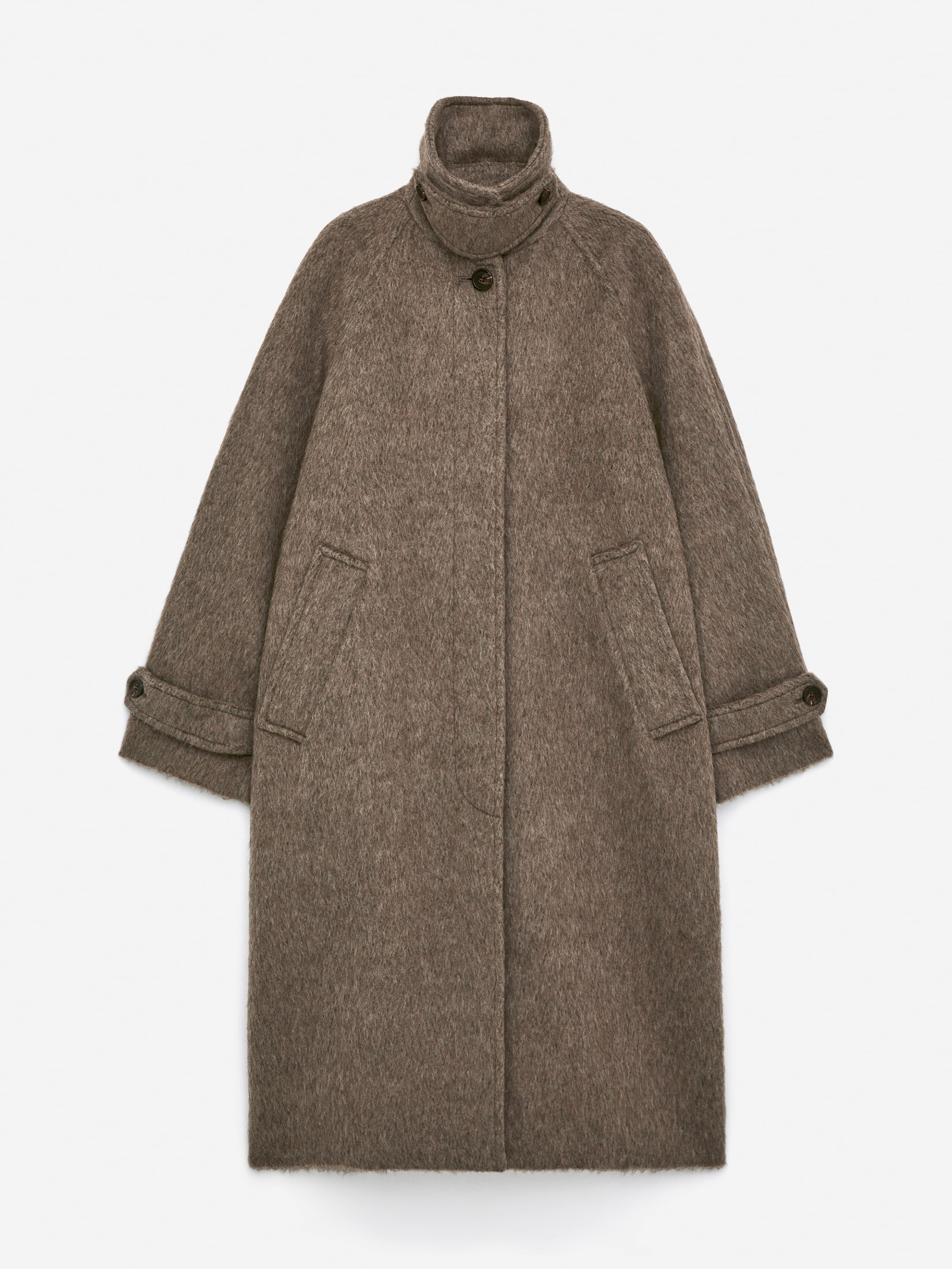 View larger image: A single-breasted coat is shown from the FRONT, featuring a brushed, taupe-brown material, raglan sleeves, and a standing collar with a storm flap detail. It is designed with a concealed button fastening, welt pockets at the sides, and buttoned tabs at the cuffs.
