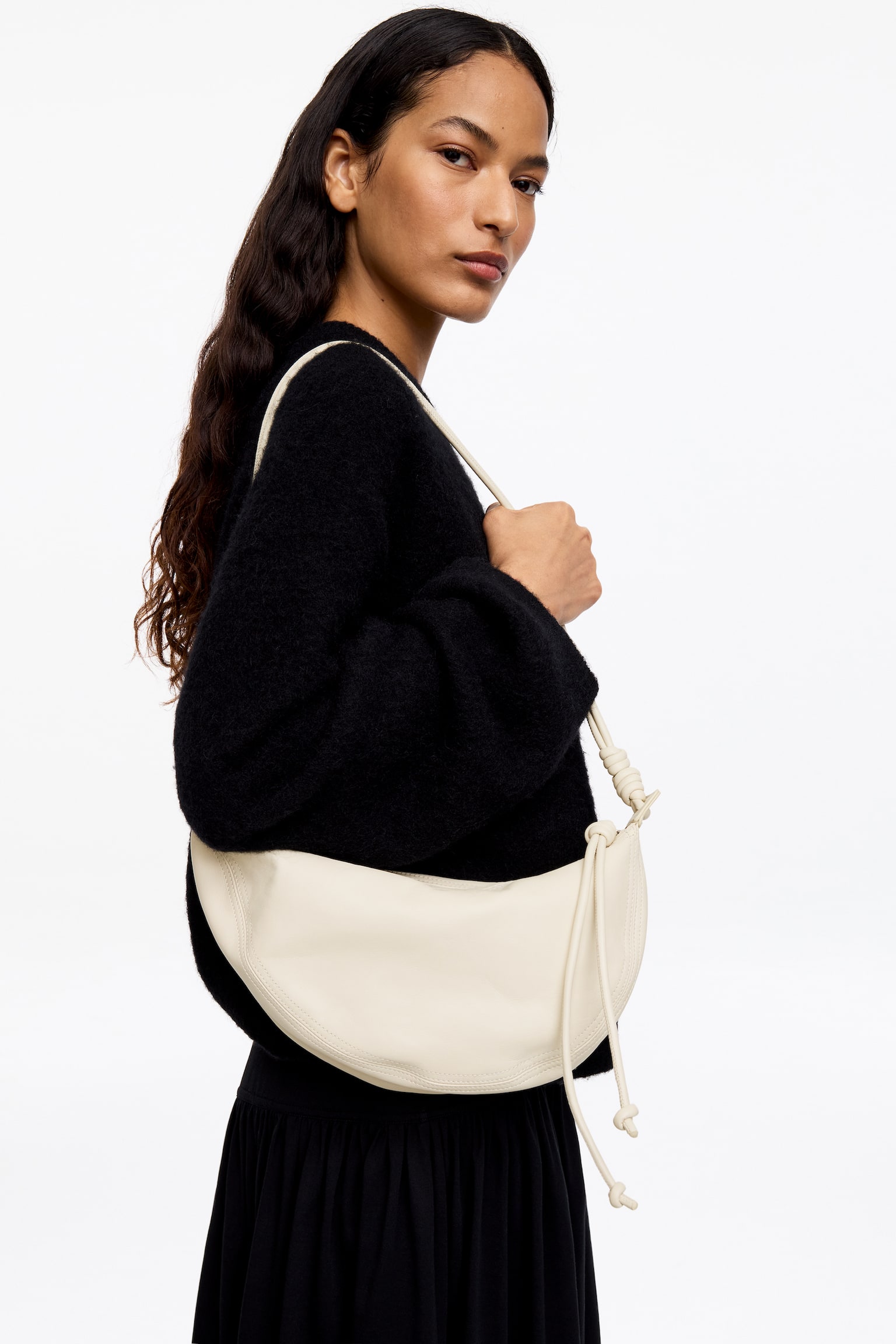 Skórzana torba w kształcie półksiężyca - Beżowy/Czarny - 2