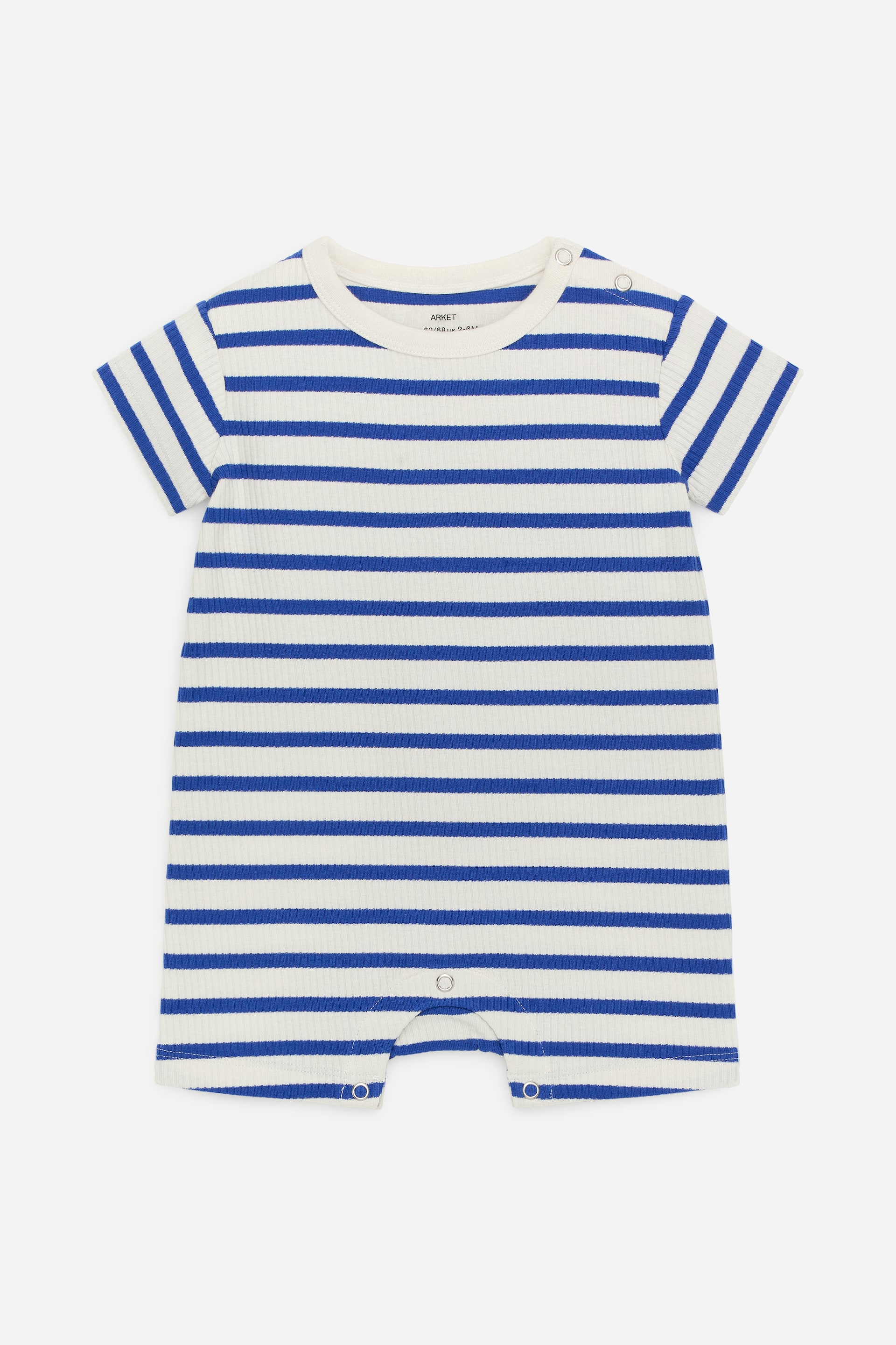 View larger image: A baby romper is displayed from the front, showcasing a ribbed jersey fabric with off-white and blue horizontal stripes. It is designed with short sleeves, a round neckline, and two poppers are visible on the left shoulder, with three additional poppers at the crotch.