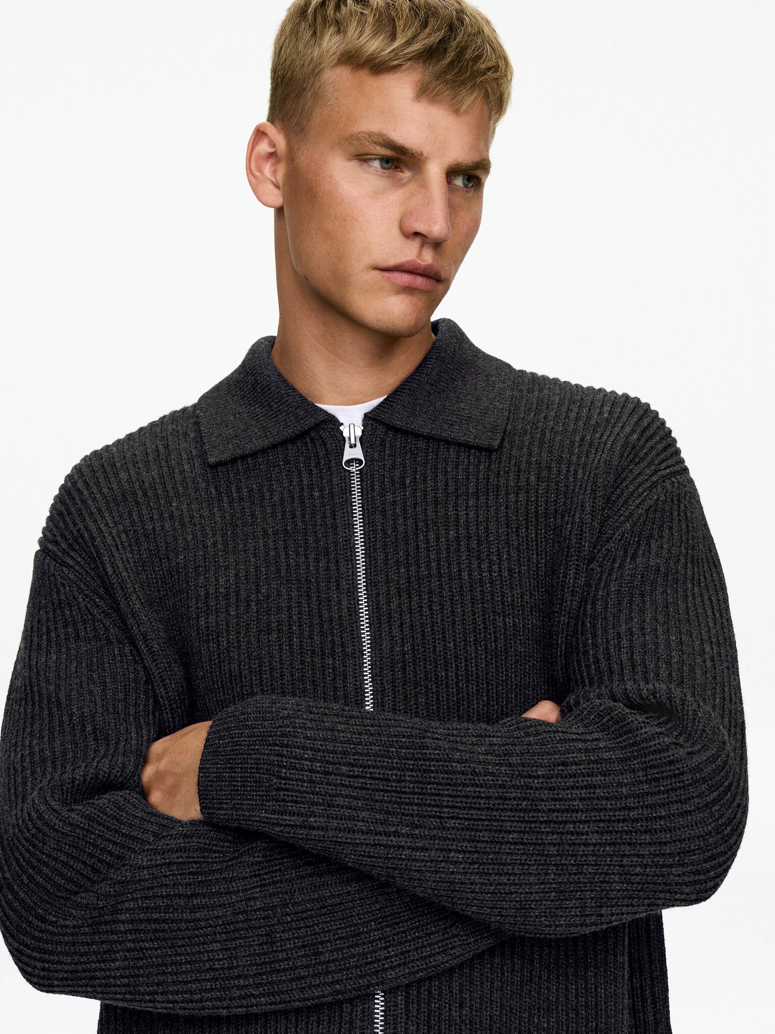 Cardigan zippé en laine et coton - Gris foncé/Bleu foncé - 4