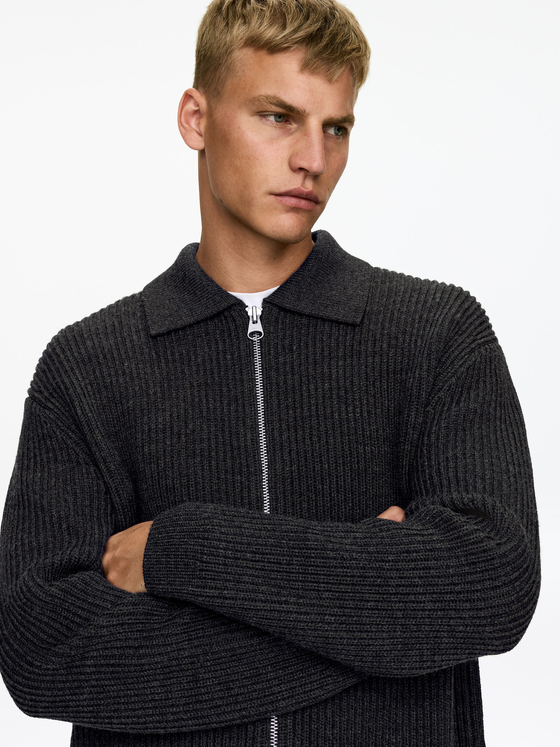 Wool Cotton Zip Cardigan - Dark Grey - Loose fit - Men - StillMedia/Lookbook - 5