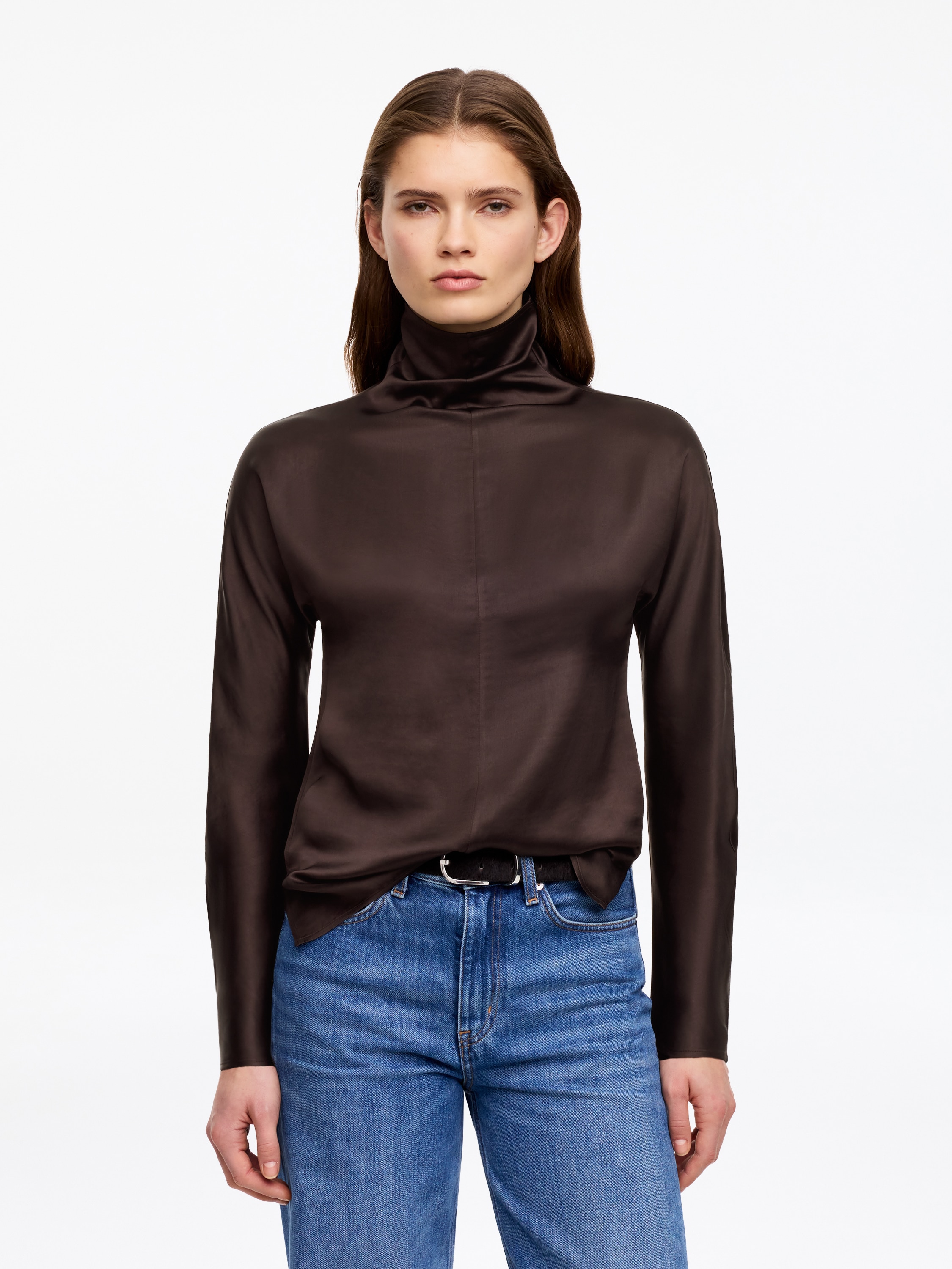 Satinoberteil mit Stehkragen - Dunkelbraun