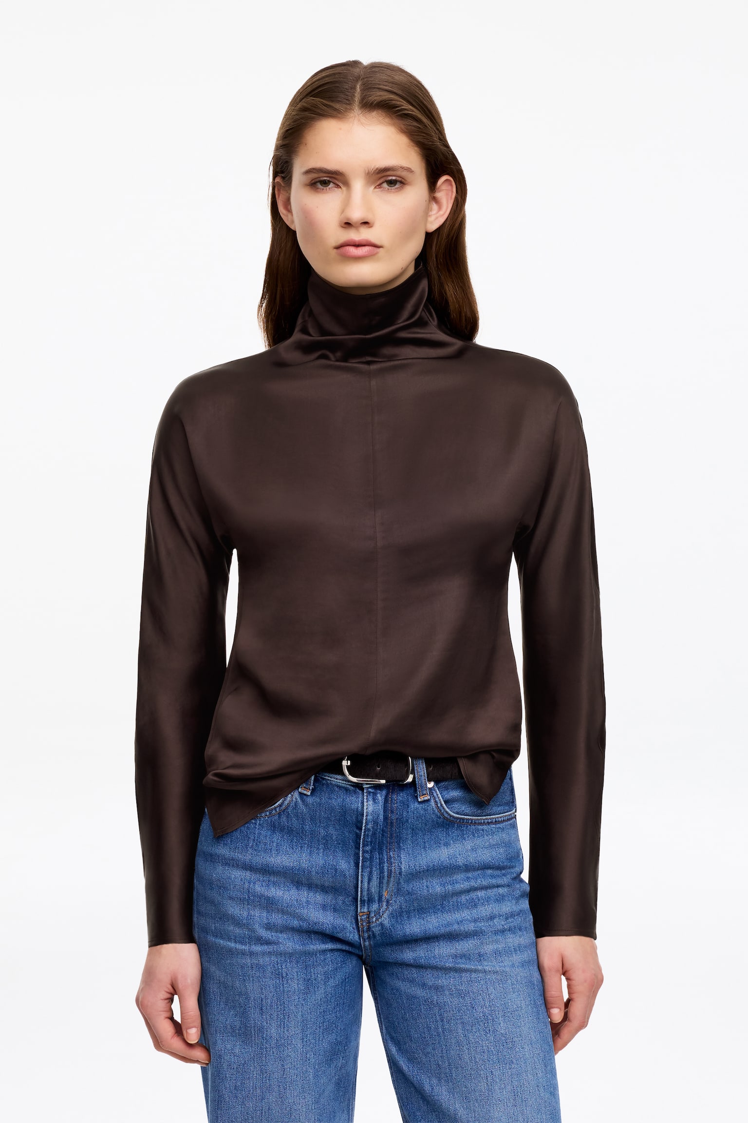Polotröja i satin - Mörkbrun - 1