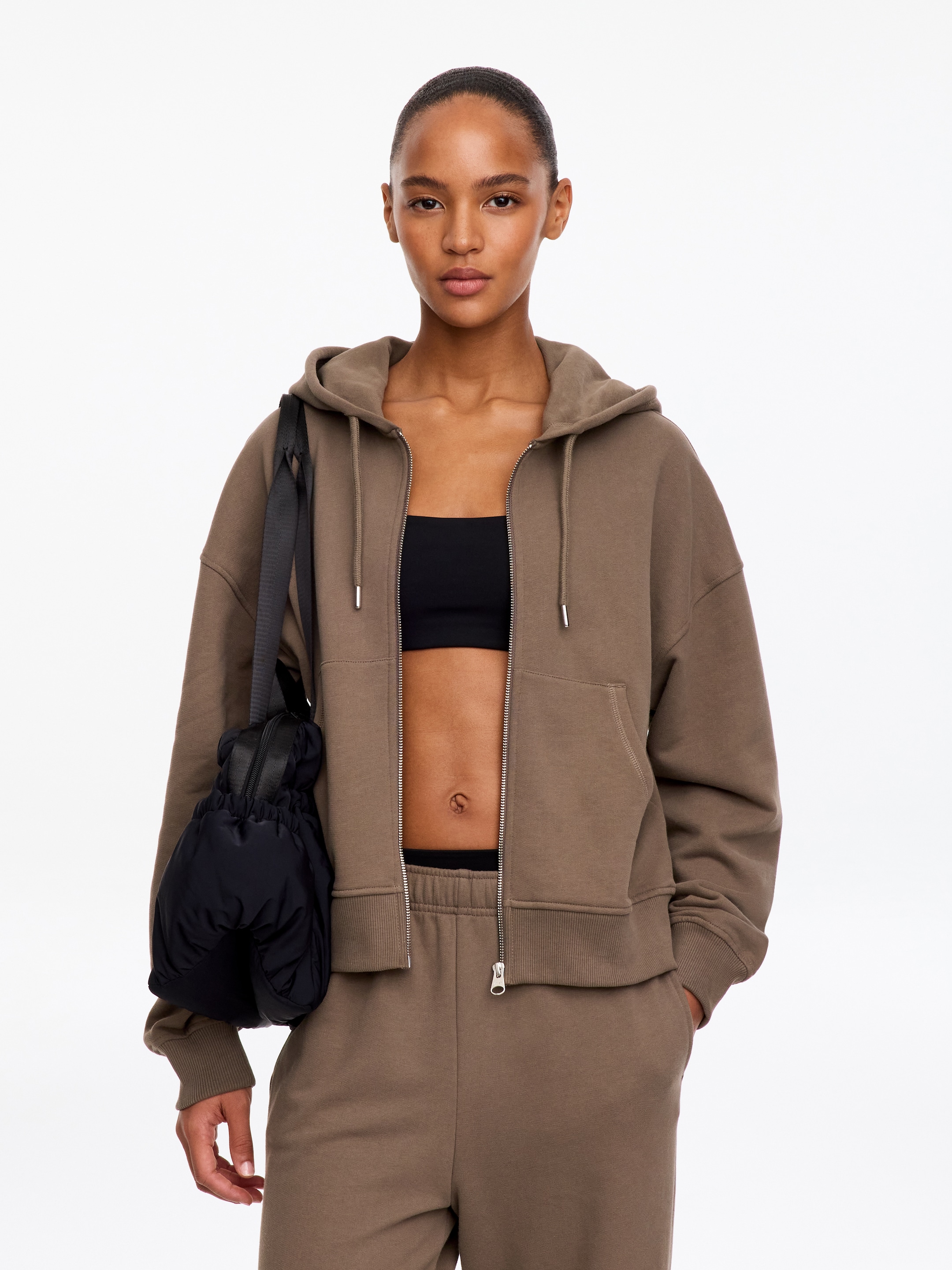 Sweat à capuche zippé en molleton de coton-Brown-21235