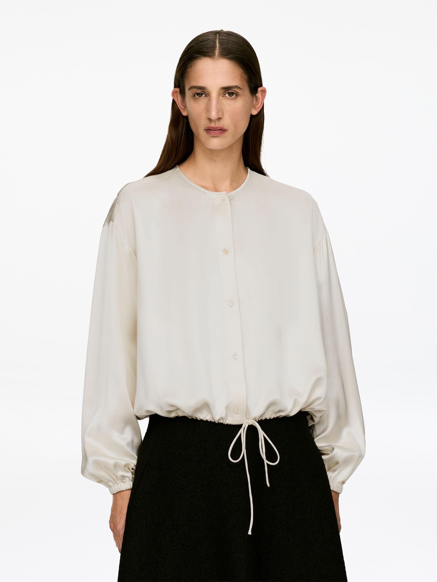 Volume-Sleeve Satin Blouse-#DED9C5-17150