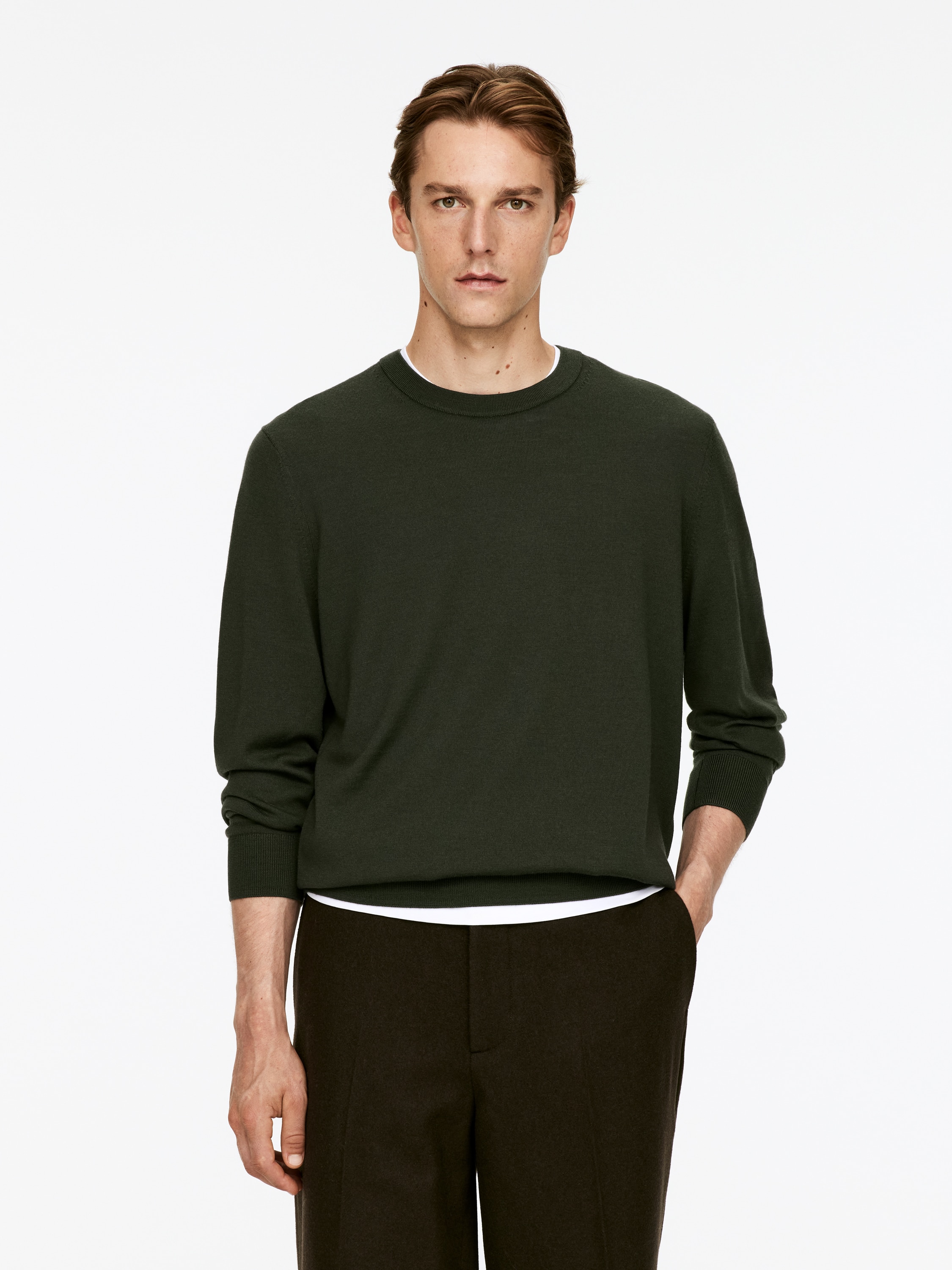 Finstickad tröja i merinoull - Mörkgrön/Dark Blue/Mörkbrun/Gråmelerad